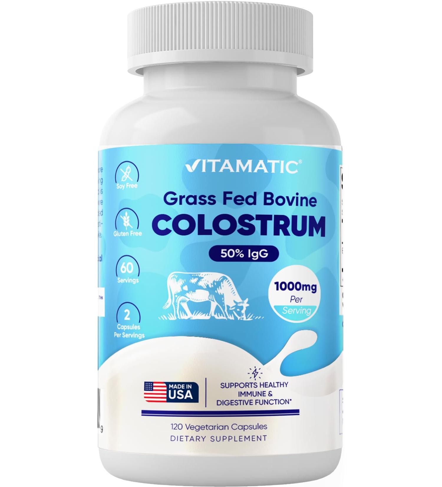 Vitamatic Bovine Colostrum Supplement 1000 mg per Serving - 50% Highest IgG - Supplement for Gut Health Hair Growth Beauty Muscle Recovery & Immune Support - 120 Capsules - Buy Online on GoSupps.com