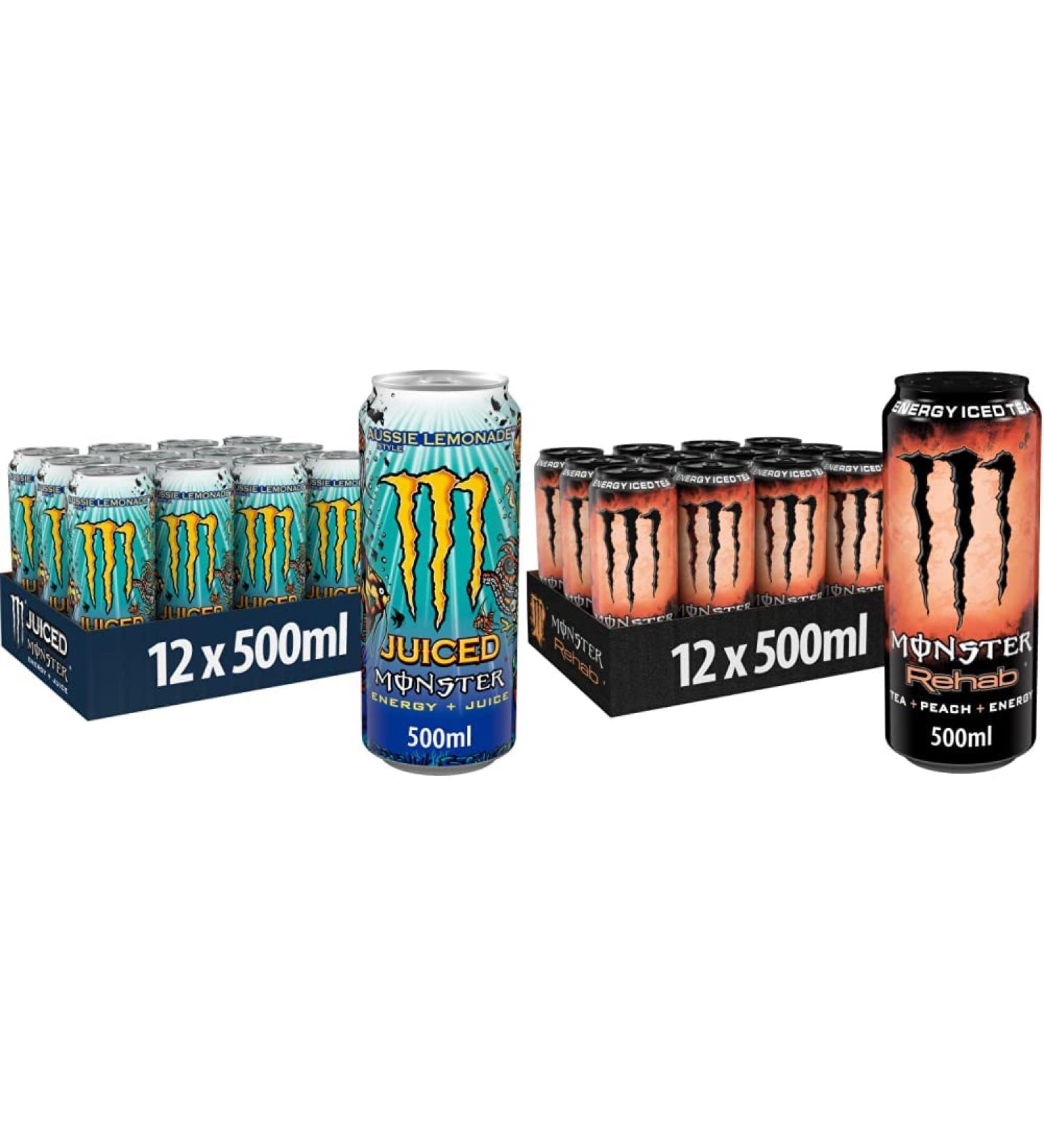 Monster Energy Juiced Aussie Lemonade & Rehab Peach - Caffeine-Packed Non-Carb Energy Drink Bundle with Mango Loco - Buy Online on GoSupps.com