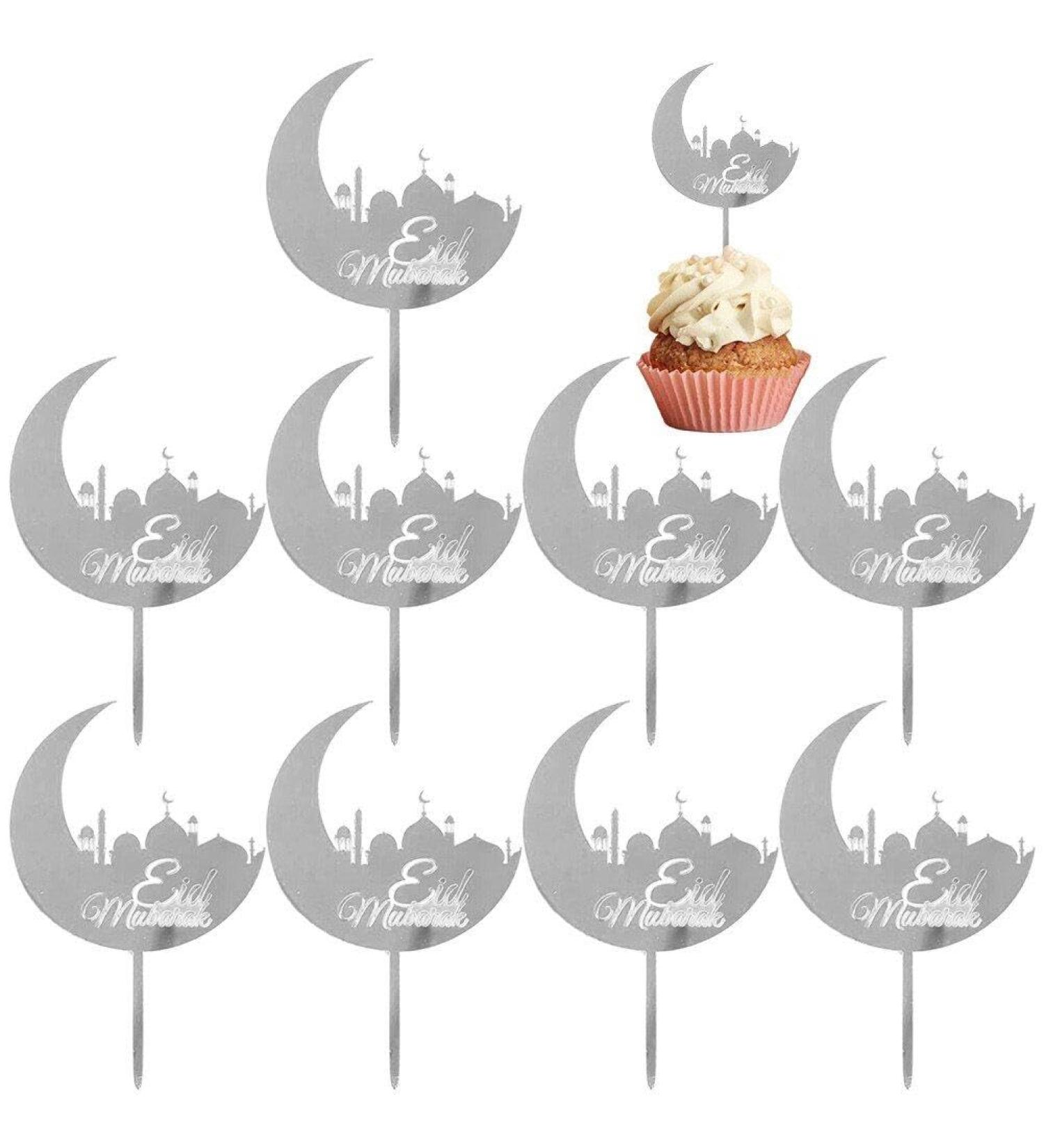 Eid Mubarak Cupcake Toppers 10pcs Eid Acrylic Cupcake Topper Ramadan Cake Decorations Kareem Party Supplies for Muffin Cake Silver - Buy Online on GoSupps.com
