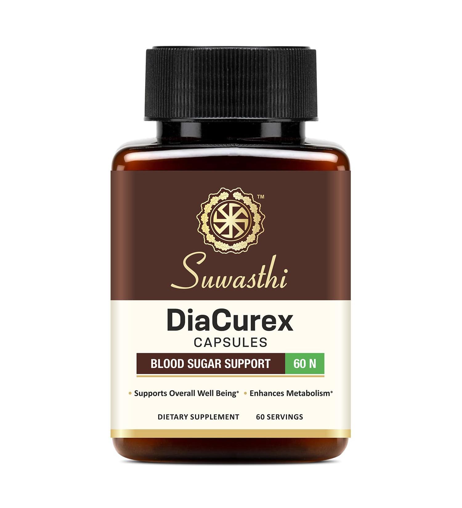 Suwasthi DiaCurex Berberine Supplement -120mg with Cinnamon, Bitter Melon & Gymnema for Men & Women for Health Support, 100% Organic, Vegan & Gluten-Free, 60 Capsules (30 Days of Supply) - Buy Online on GoSupps.com