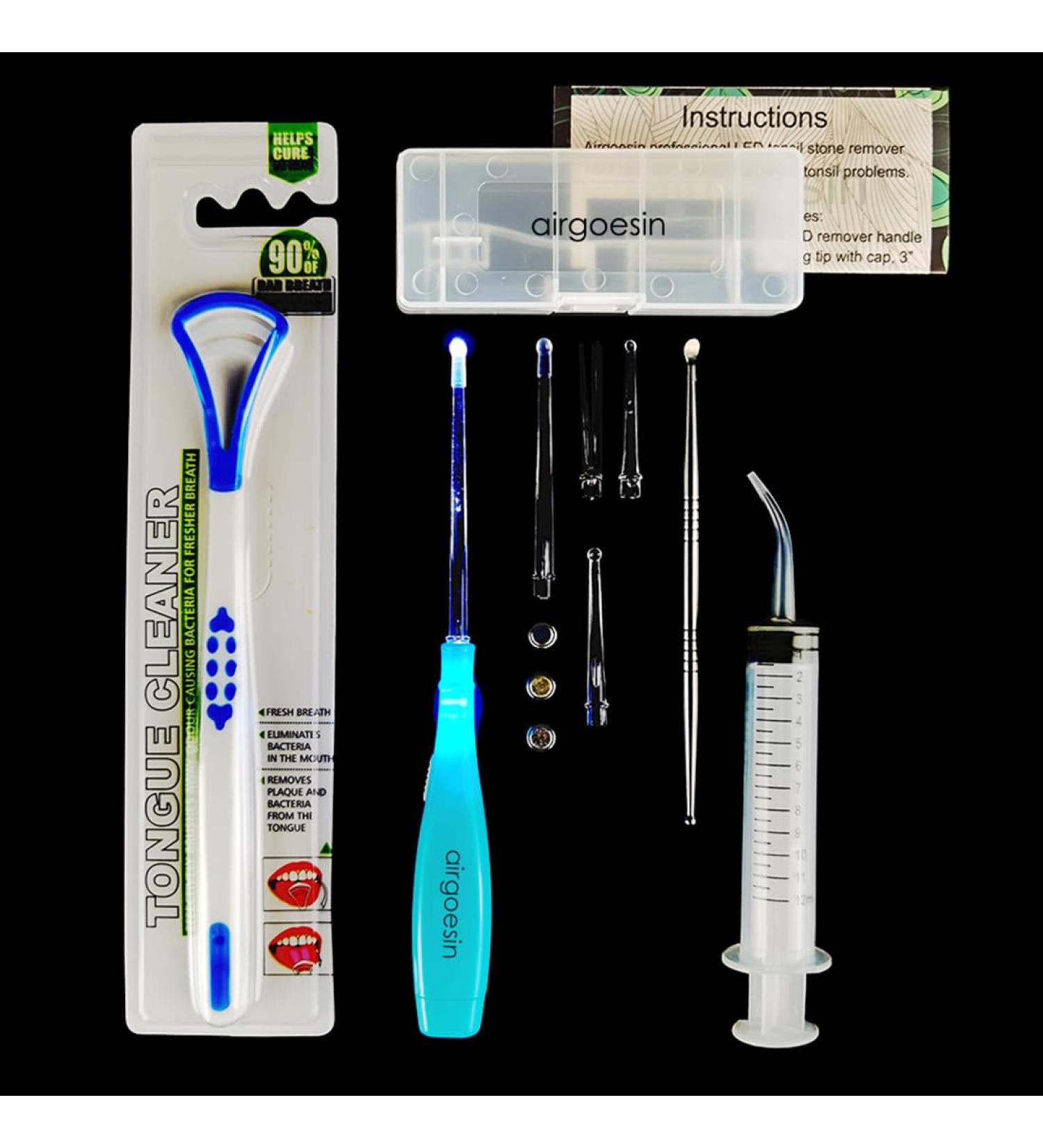 Airgoesin Professional Tonsil Stone Remover Tool with LED Light - Stainless Steel Oral Care & Irrigation Syringe - Blue Tongue Cleaner Scraper - Buy Online on GoSupps.com