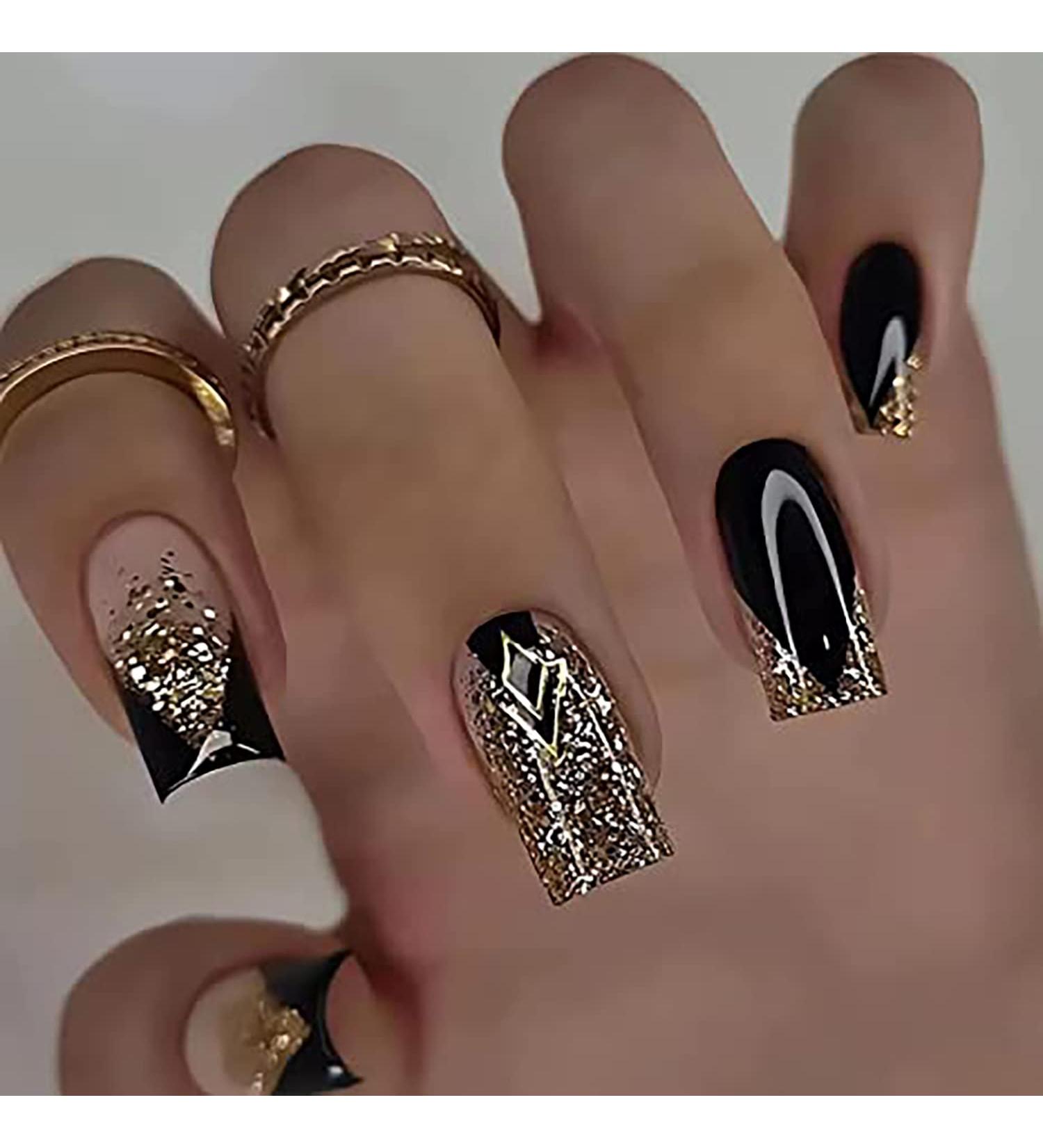 Buy Medium Square Fake Nails - Glossy French Press On Nails with Gold Glitter Design | Full Cover Nude Acrylic Nails for Women - Buy Online on GoSupps.com