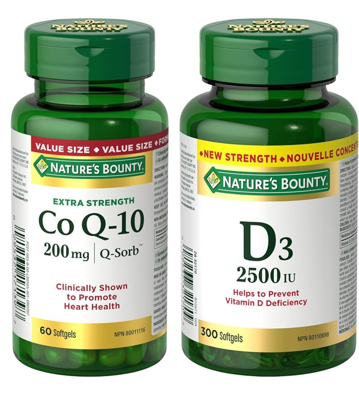 Nature's Bounty Co Q10 Extra Strength 200mg Supplement Promotes Heart Health Multi-colored 60 Softgels & Vitamin D3 2500 IU 300 Softgels Helps to prevent Vitamin D deficiency Value Size Co Q10 + VITAMIN 801138 - Buy Online on GoSupps.com
