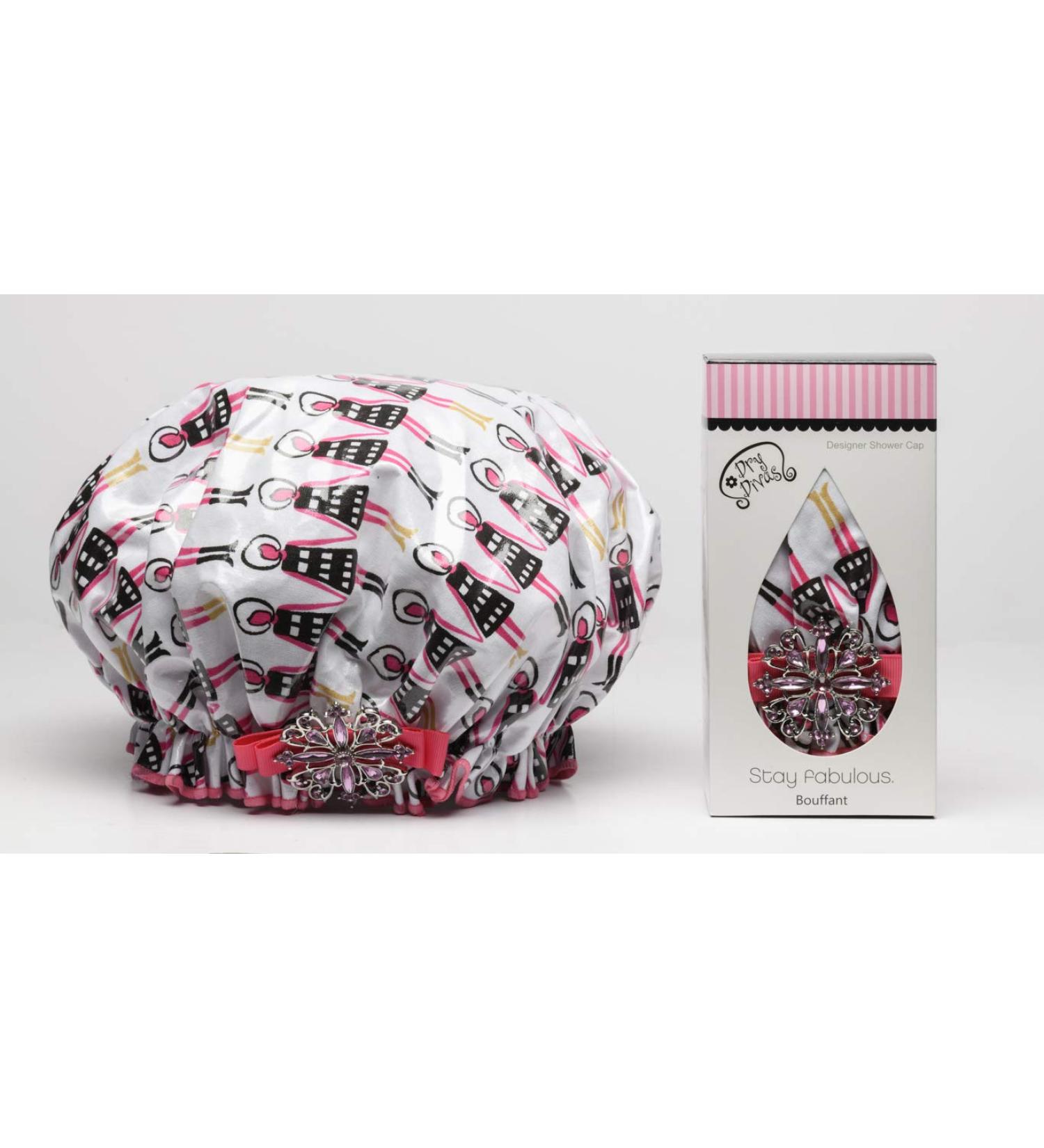 Dry Divas Designer Shower Cap For Women - Washable  Reusable - Large Bouffant Cap With Vintage Jeweled Brooch (Girlfriends)