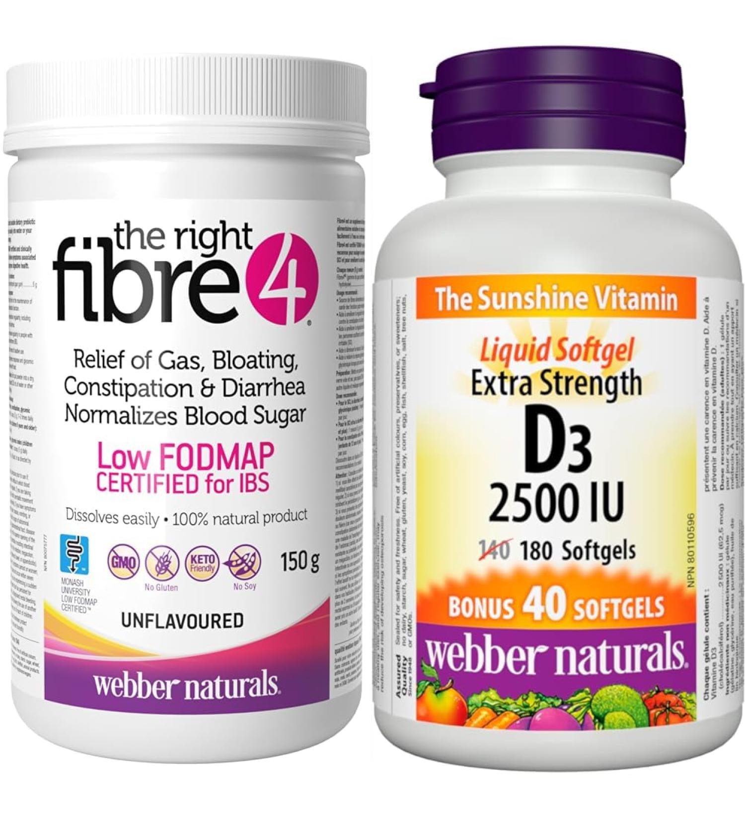 Webber Naturals The Right Fibre4 IBS Intestinal Discomfort 150 g Unflavoured 30 Servings & Vitamin D3 2500 IU Extra Strength 180 Softgels For Healthy Bones Teeth - Buy Online on GoSupps.com