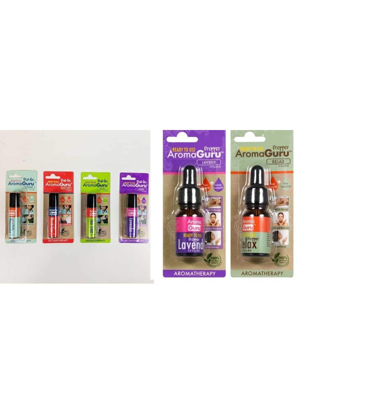 Set of 6 All Natural Essential Oil Roll-Ons by Aroma Guru - Includes Peppermint Muscle Ease Tea Tree and Lavender & 2 Droppers Lavender and Relax