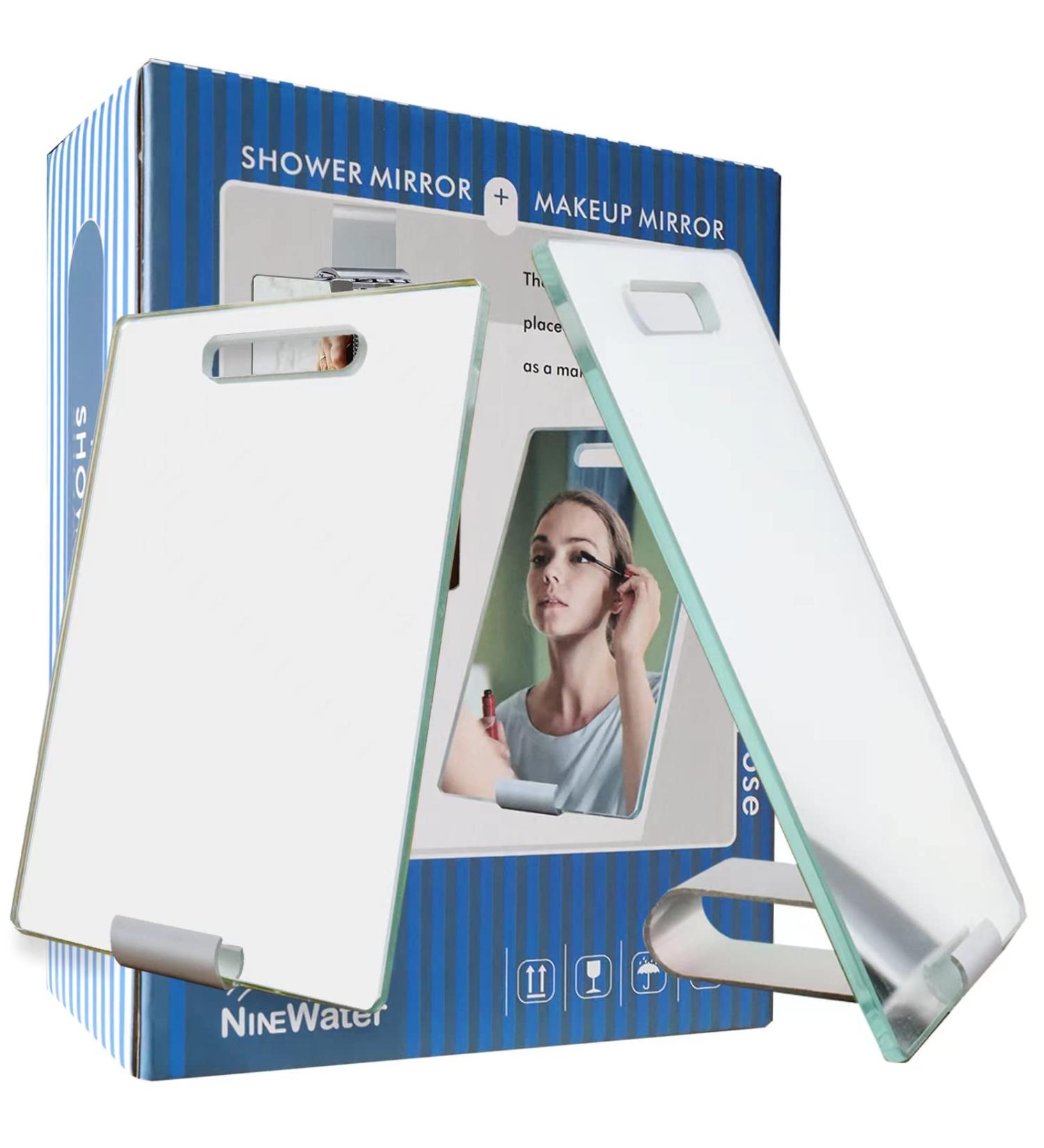 Ninewater Portable Makeup Mirror with Stand and Razor Holder - Frame-Less Handheld Design, No-Copper Mirror, Bathroom Shaving Essential with Adhesive Hooks - Buy Online on GoSupps.com