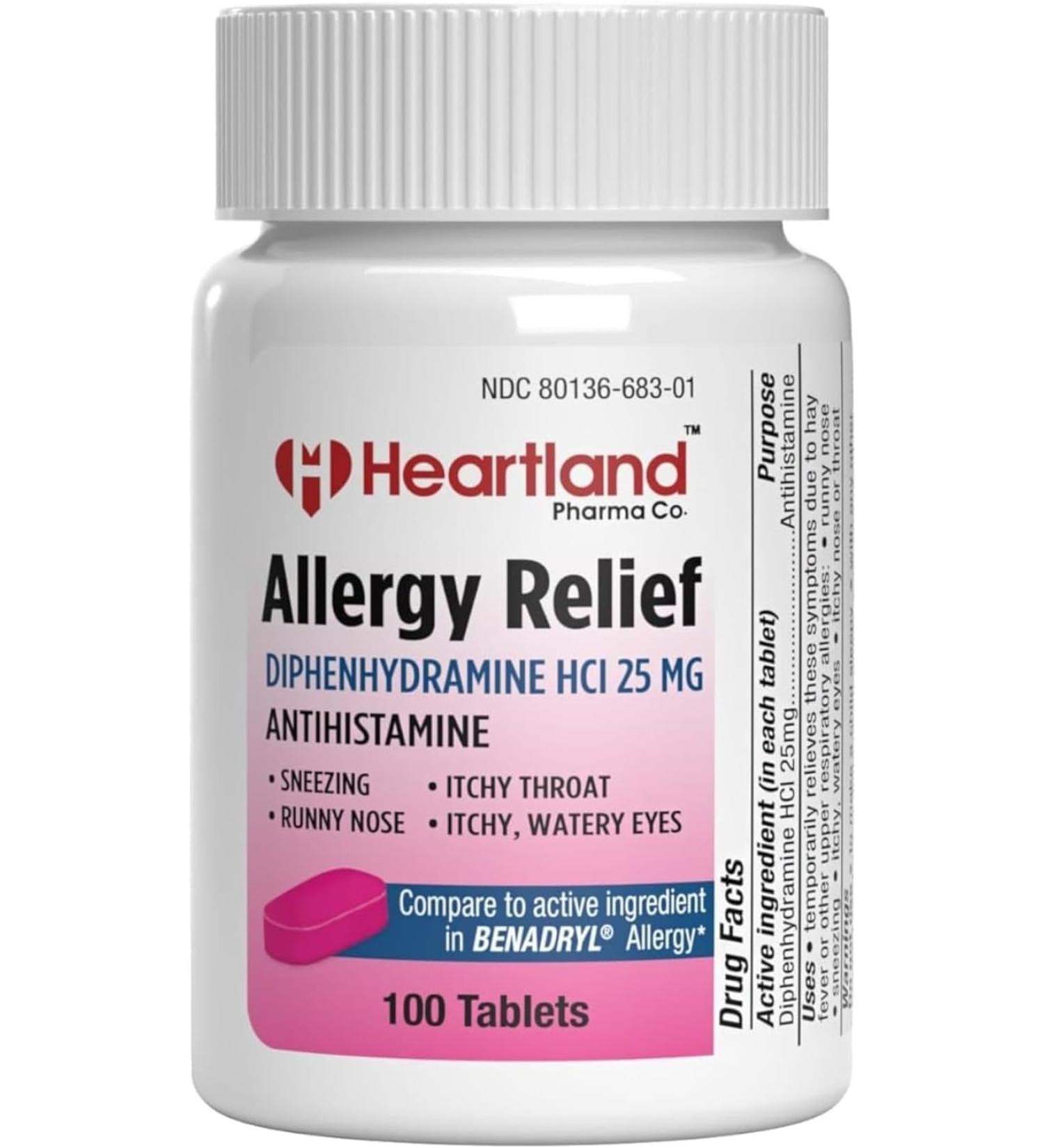 Heartland Pharma Diphenhydramine HCI | Diphenhydramine Allergy Relief | Antihistamine Diphenhydramine 25 mg Tablets | 100 Count - Buy Online on GoSupps.com