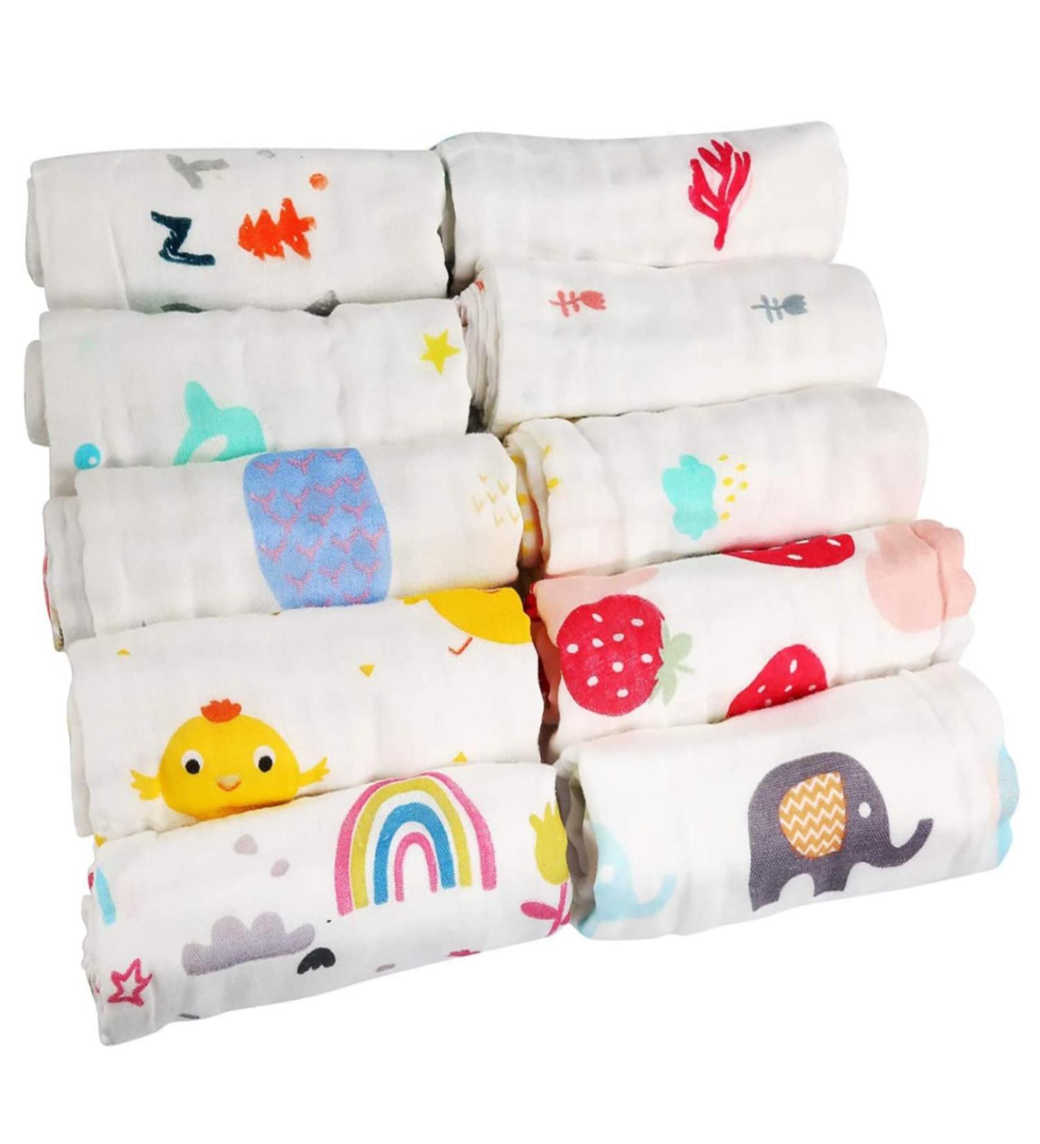 10Pcs Baby Muslin Washcloths - Absorbent & Breathable Cotton Squares for Baby - Soft & Reusable Bath Towel - Random Pattern - Buy Online on GoSupps.com