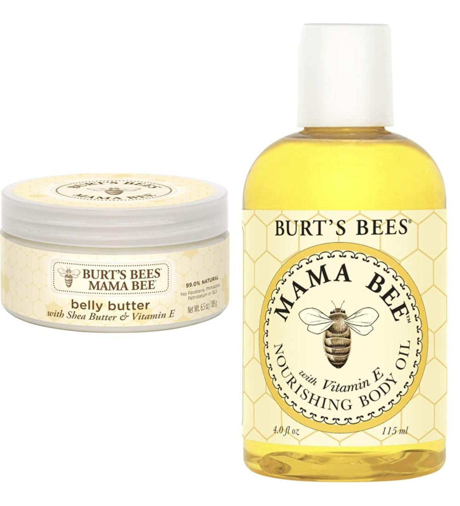 Burt's Bees Mama Bee Belly Butter, Fragrance Free Lotion, 6.5 Ounce Tub + 100% Natural Mama Bee Nourishing Body Oil, 4 Fl Oz Belly Butter & Body Oil