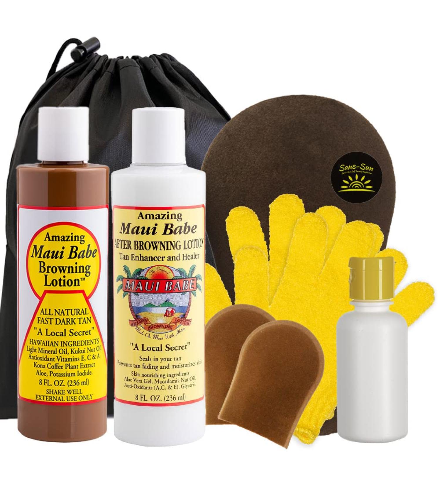 Maui Babe Browning & After Browning Lotion 8oz Deluxe Package - Outdoor Tanner & After Sun Enhancer Lotion Kit with Travel Bottle & Exfoliation Gloves - Buy Online on GoSupps.com