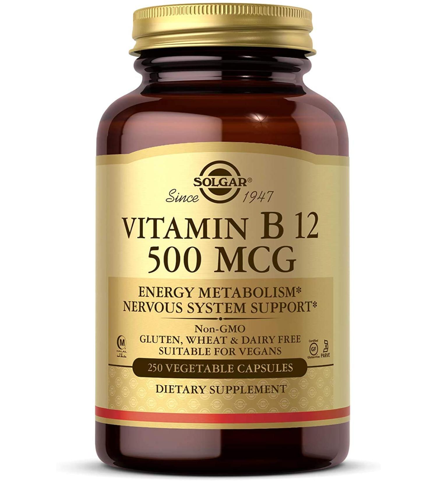 Solgar Vitamin B12 500 mcg - 250 Veg Capsules for Energy & Wellness - Buy Online on GoSupps.com