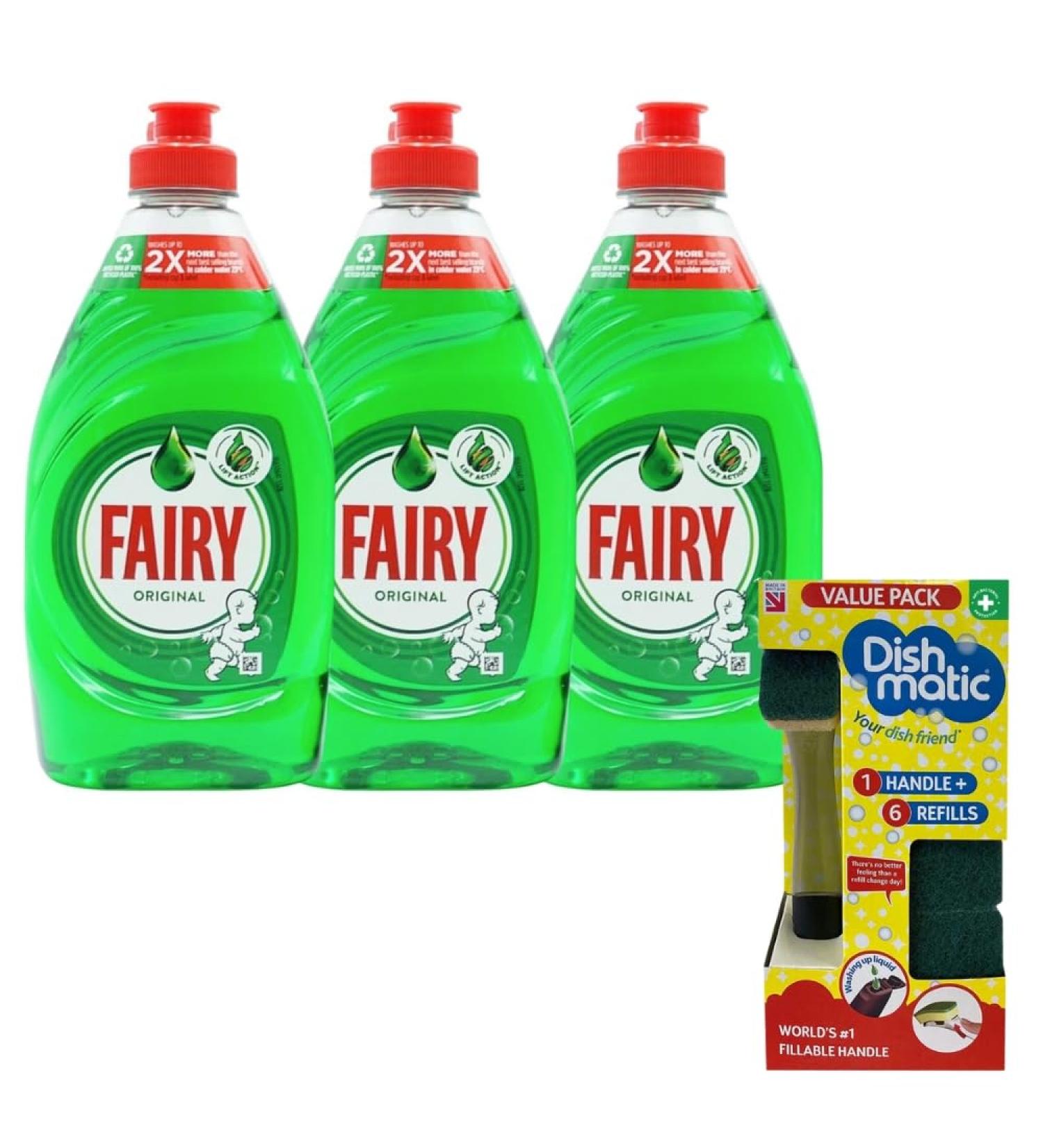 Washing Up Liquid Bundle With Fairy Liquid Original 320ml X 3 With Dishmatic Washing Up Sponge Liquid Fillable Handle + 6 Refill Sponges Bonus Pack - Buy Online on GoSupps.com