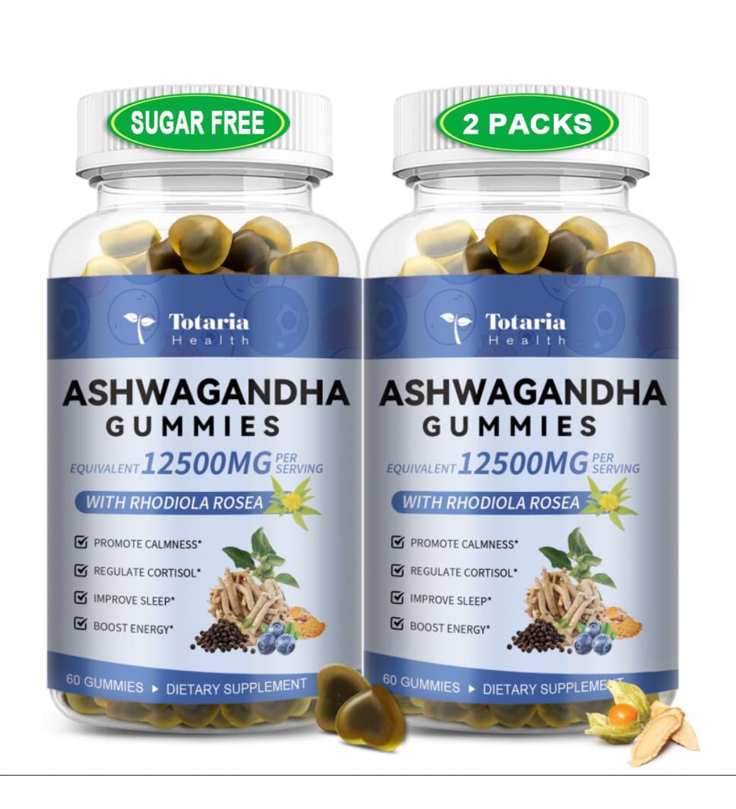 (2 Packs) Sugar Free Ashwagandha Filled Gummies w/Vitamin D3 Magnesium Glycinate Rhodiola Ultra Strength Ashwa Root Supplements for Women & Wen for Relaxation Energy Cortisol Gummies 60 Count (Pack of 2) - Buy Online on GoSupps.com