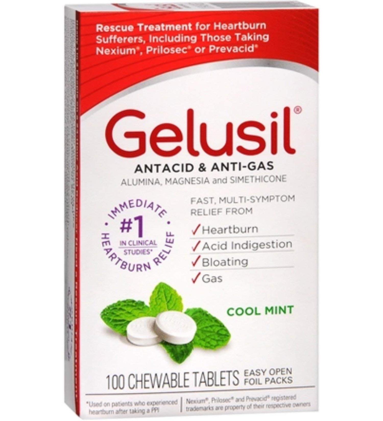 Gelusil Antacid/Anti-Gas Tablets Cool Mint 100 Tablets (Pack of 12)