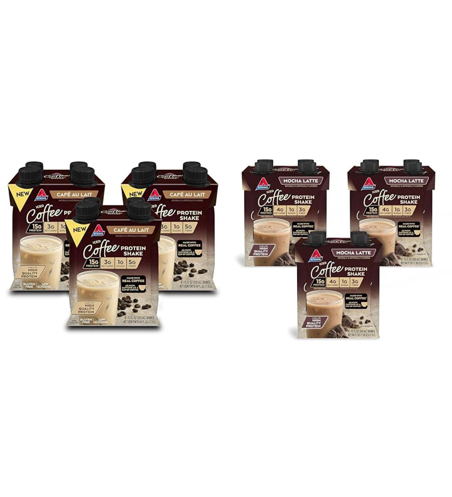 Atkins Caf au Lait Iced Coffee Protein Shake 15g Protein Low Glycemic 3g Net Carb 1g Sugar & Mocha Latte Iced Coffee Protein Shake 15g Protein Low Glycemic 4g Net Carb 1g Sugar - Buy Online on GoSupps.com