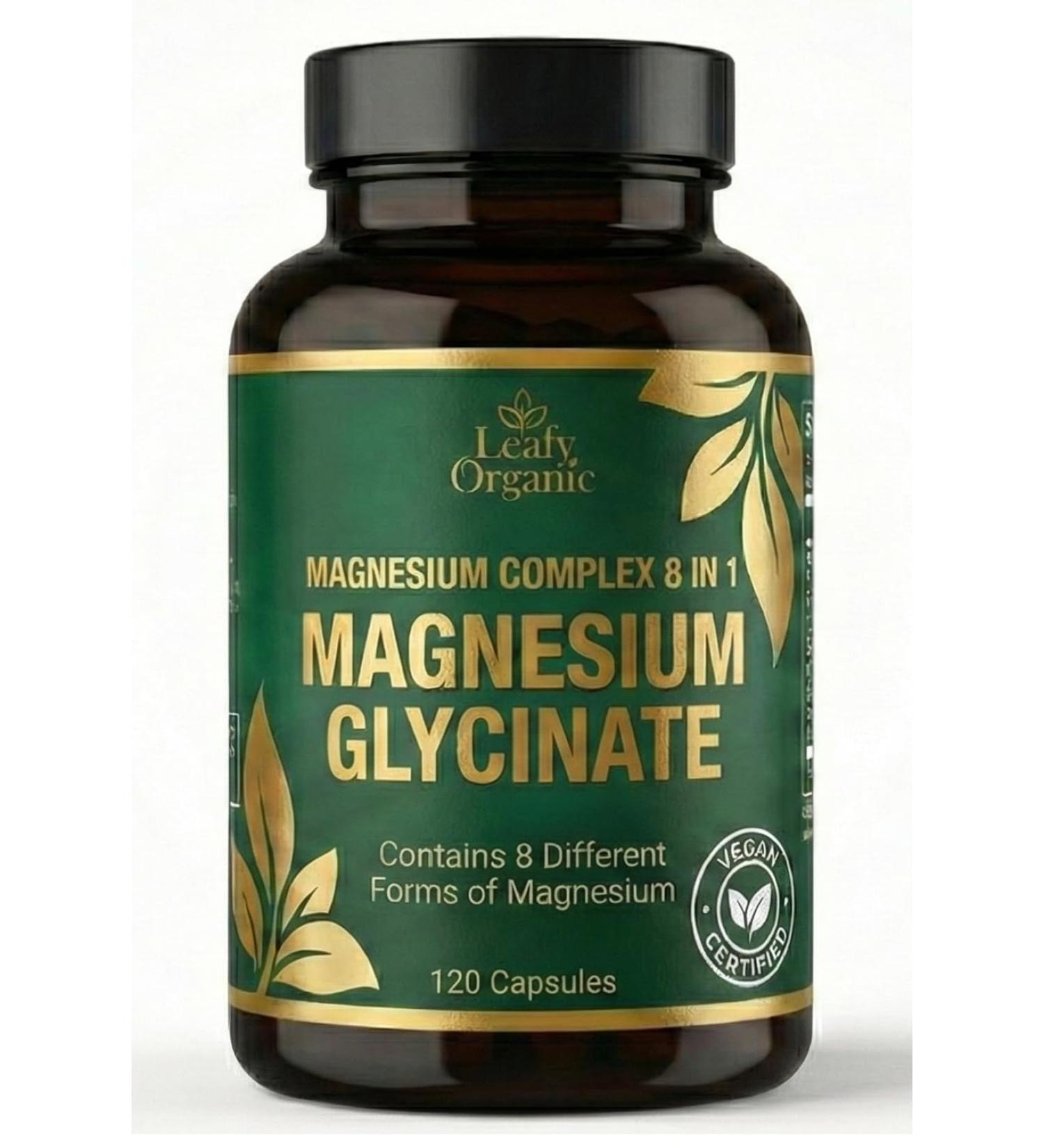 Leafy Organic - Magnesium Glycinate 8 in 1 Complex Supplement 120 Capsules (426mg Elemental Magnesium Provided by 2 300mg of 8 in 1 Different Form Mag) 40 Days Supply.