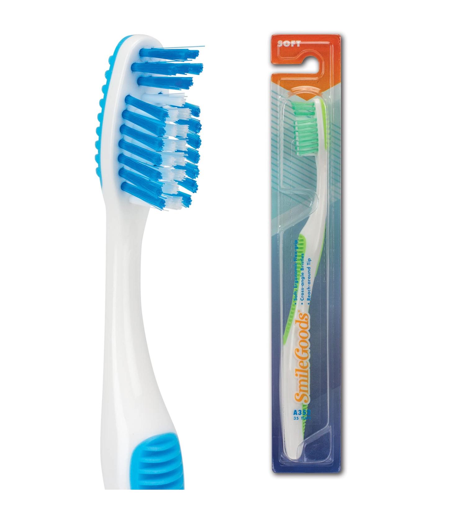 SmileGoods A352 Toothbrush - 35 Tuft Soft Bristle with Tongue Cleaner | 72 Individually Packaged Assorted Colors | Bulk Pack of Premium Toothbrushes - Buy Online on GoSupps.com
