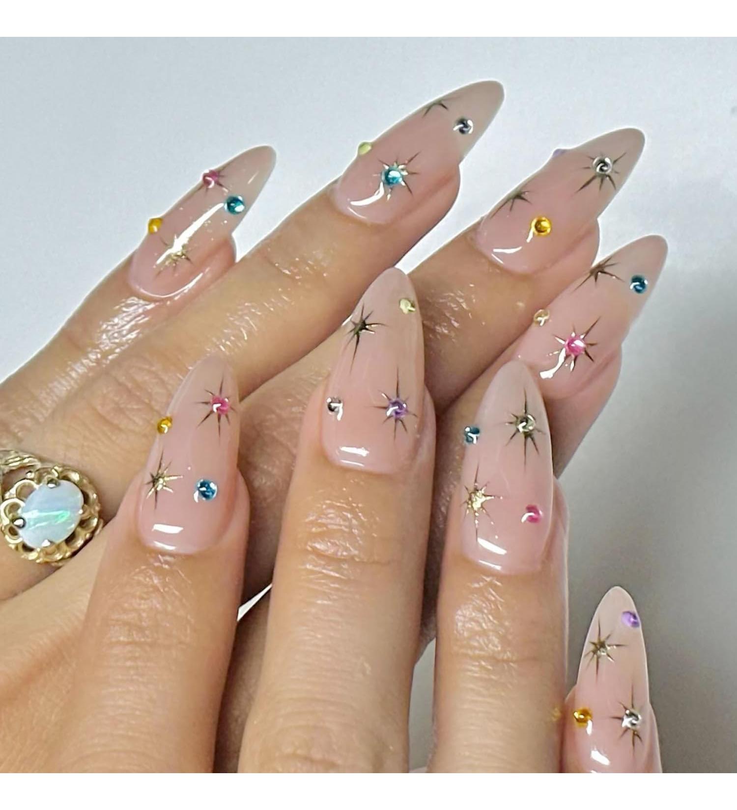 Short Almond Press On Nails - Chrome Colorful Star Design with Rhinestones & Glitter - Full Cover Stick On Nude Pink False Nails for Women & Girls - Glitter Acrylic Nail Decorations - Buy Online on GoSupps.com