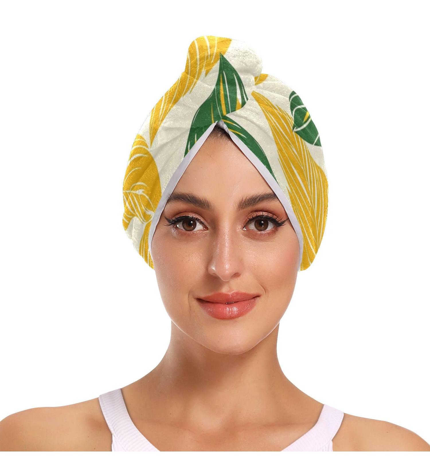 Eco-Friendly Green Yellow Leaf Hair Towel 2 Pack | Super Absorbent Quick Dry Hair Turbans for Women & Girls - Buy Online on GoSupps.com