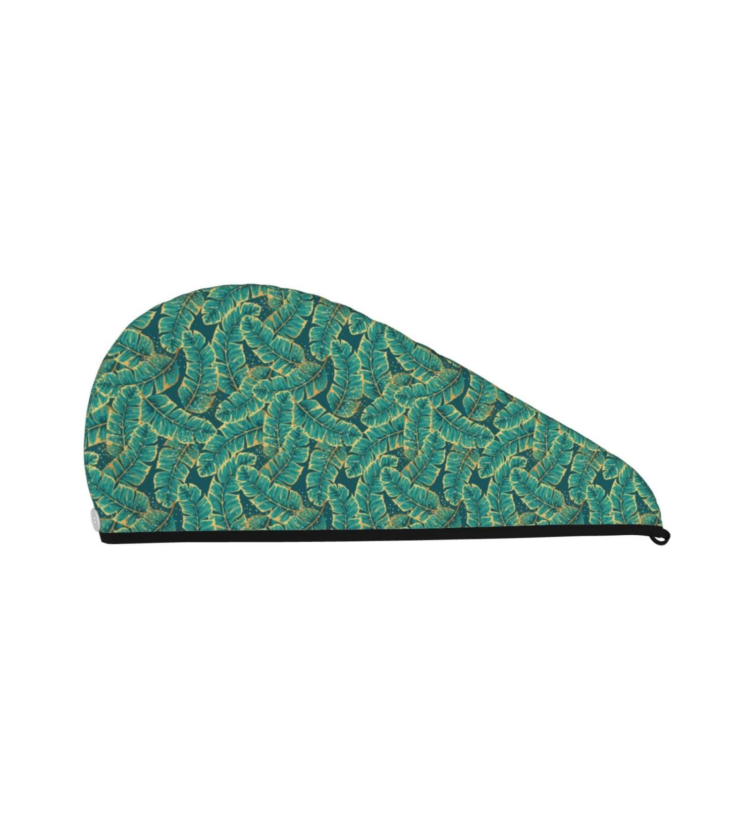 Gold & Green Tropic Leaves Microfiber Hair Towel - Super Absorbent Quick Dry Wrap for Long Curly & Thick Hair - Buy Online on GoSupps.com