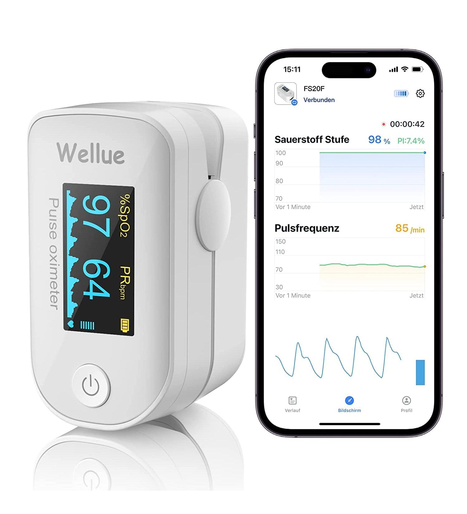 Buy White Pulsoximeter with Bluetooth App - Oxygen Saturation & Heart Rate Monitor with Data Storage - Buy Online on GoSupps.com