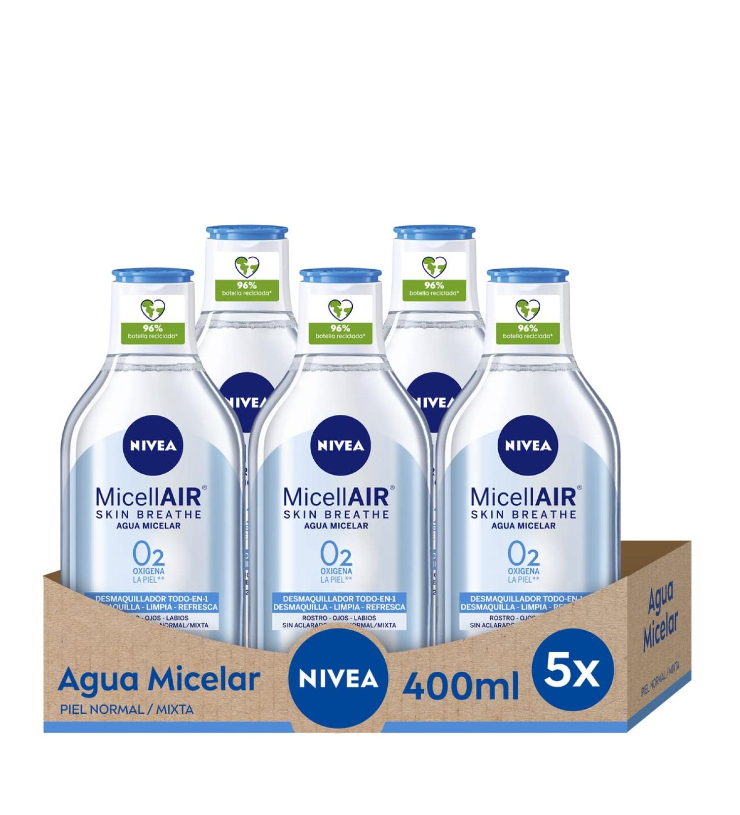  NIVEA NIVEA MicellAIR Skin Breathe Micellar Water Normal Skin Pack of 5 (5 x 400 ml) Micellar Water Make-Up Remover for the Face Eye Face and Lip Make-up Remover - Buy Online on GoSupps.com