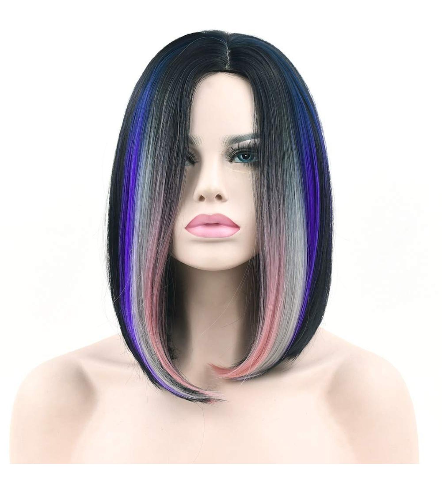 LFMDJF Synthetic Hair Black To Burgundy Hair Short Wigs Straight Party Hair Grey Wig for Women 16inches 4/30HL
