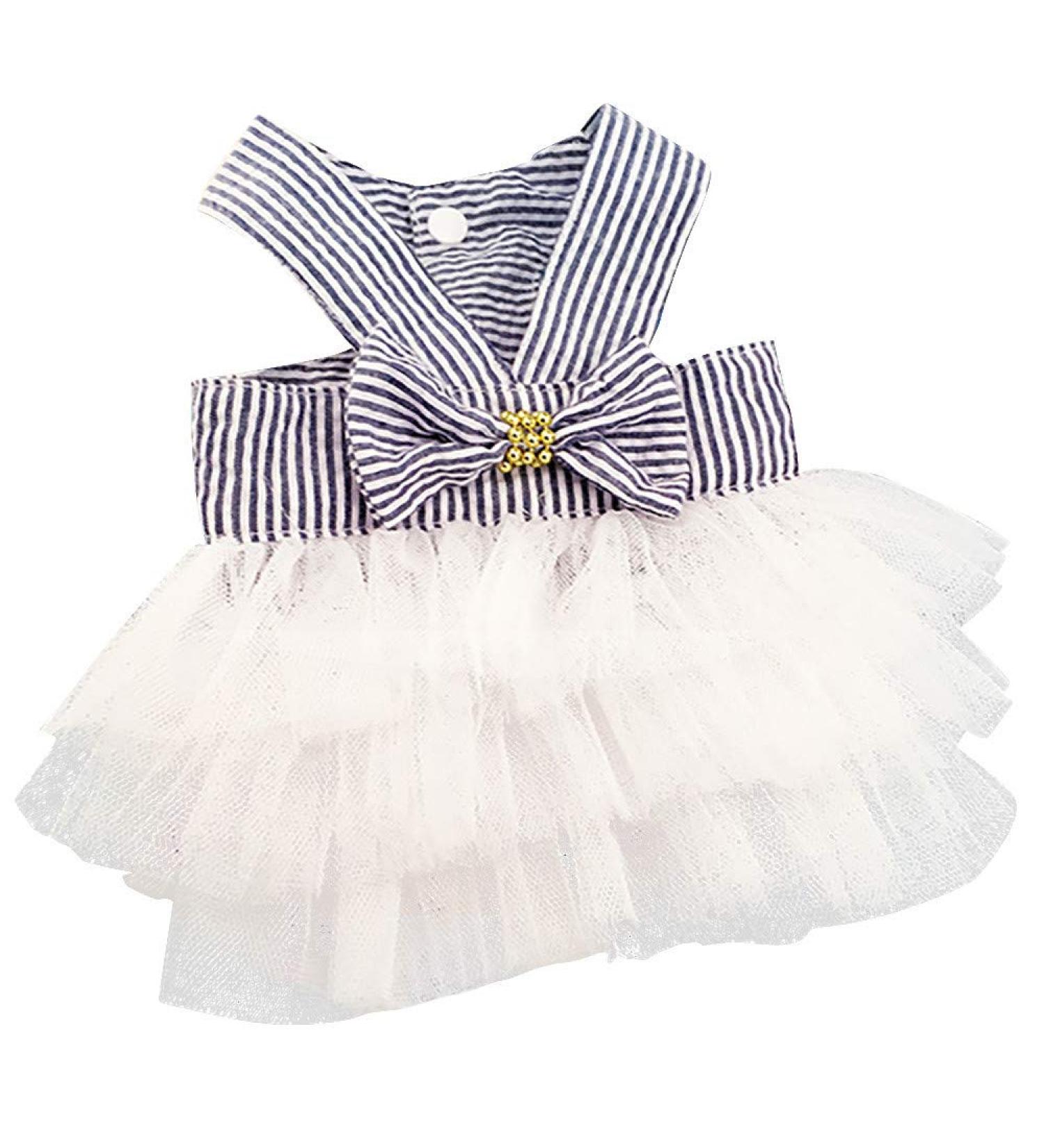 Tonsee Dog Tutu Dress with Bowknot - Striped Lace Princess Outfit for Small Dogs | XS White - Buy Online on GoSupps.com