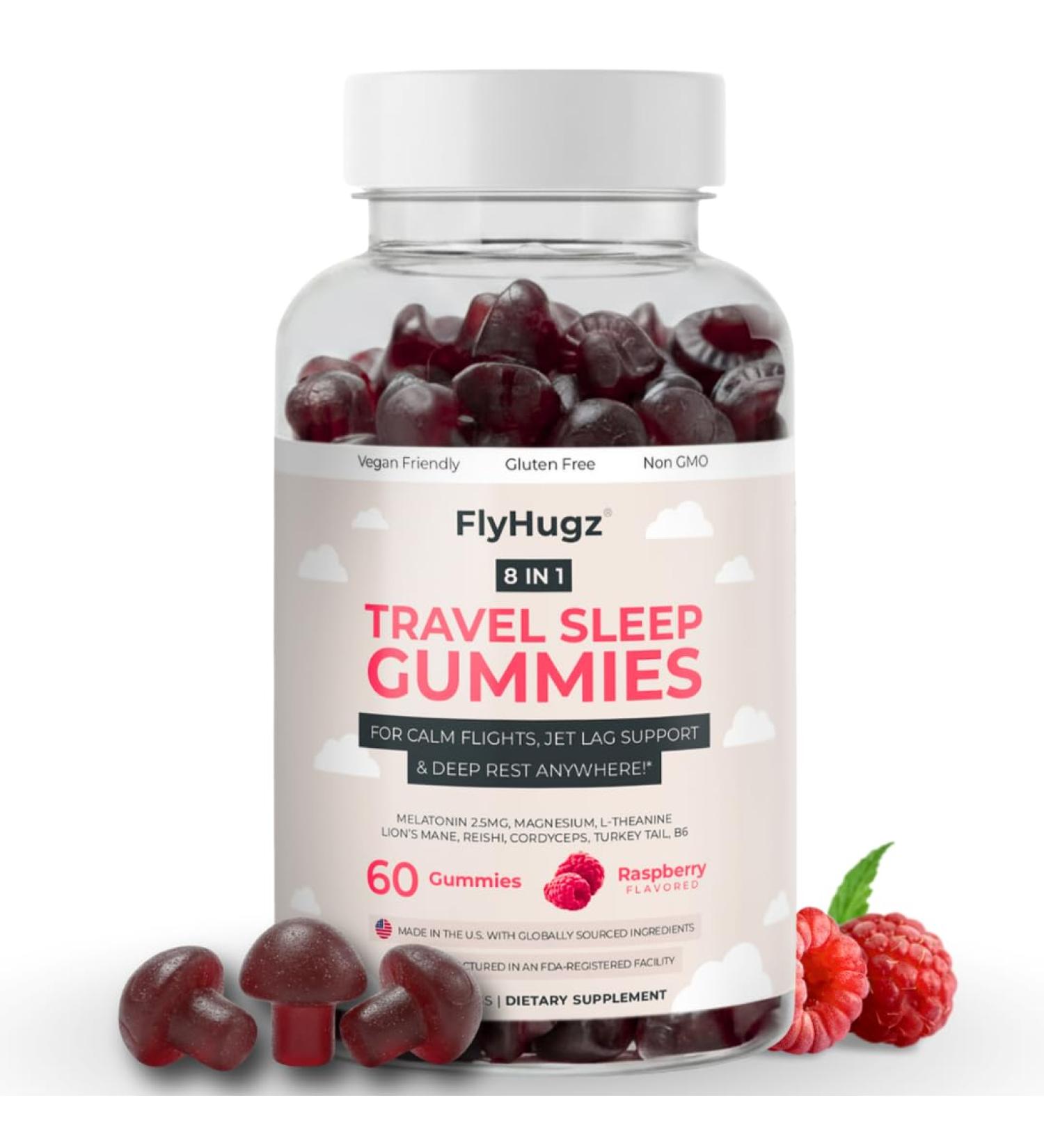 FlyHugz Travel Sleep Support Gummies for Adults with Melatonin L Theanine and Magnesium 60 Vegan Gummies 30 Day Supply Supports Relaxation Calm and Restful Sleep Raspberry Flavor - Buy Online on GoSupps.com