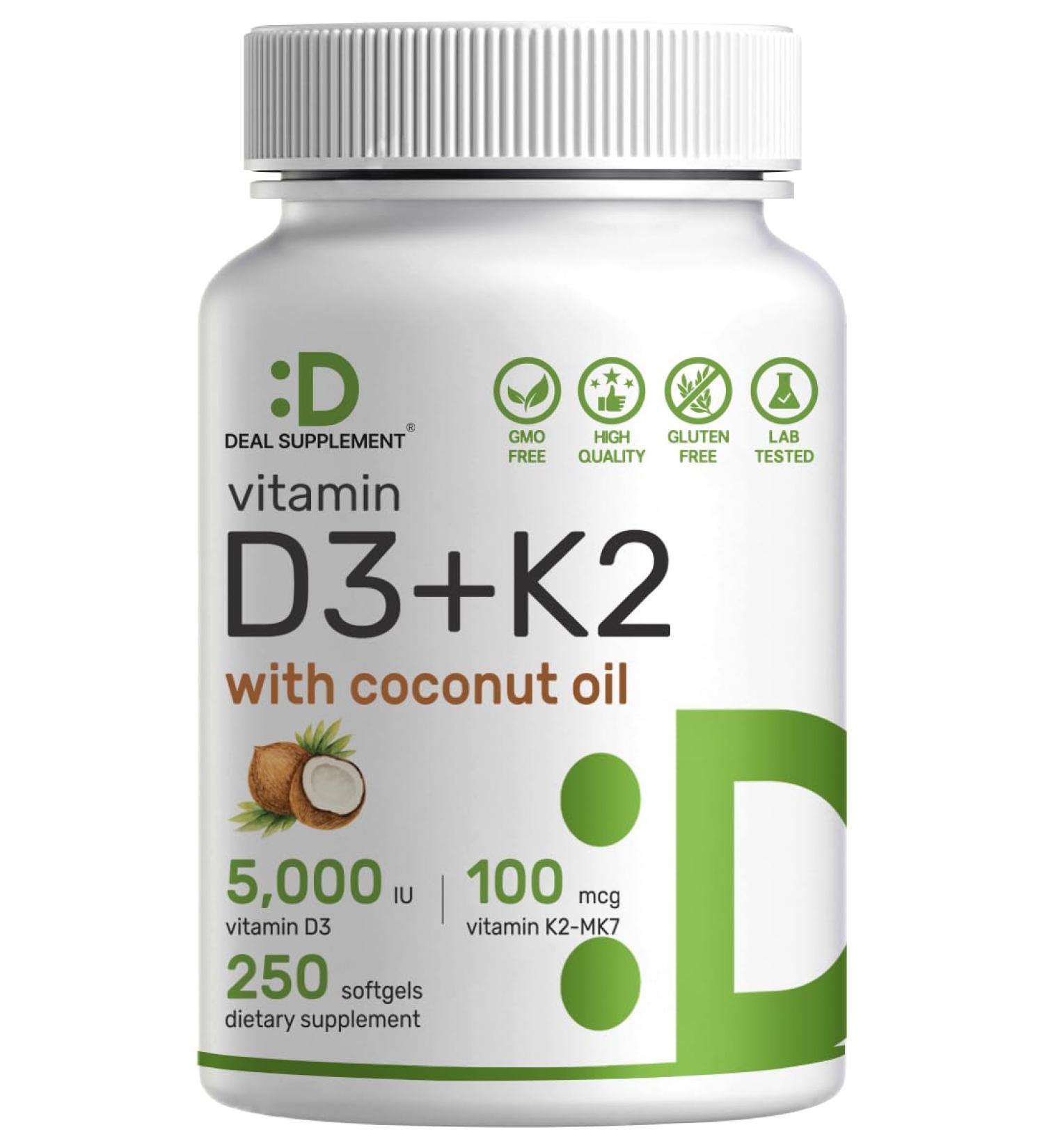 DEAL SUPPLEMENT Vitamin D3 5 000 IU + K2 MK7 100mcg Softgels | 2-in-1 Complex with Virgin Coconut Oil | Supports Heart Bone Teeth & Immune Health | Easy to Swallow - Buy Online on GoSupps.com