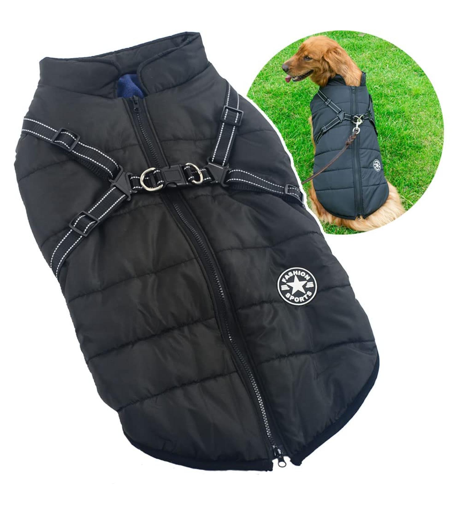 2-in-1 Winter Dog Coat & Dishes for Large Dogs | Warm Outdoor Jacket for Cold Weather | Padded Vest for Dogs & Cats | 3XL Black - Buy Online on GoSupps.com