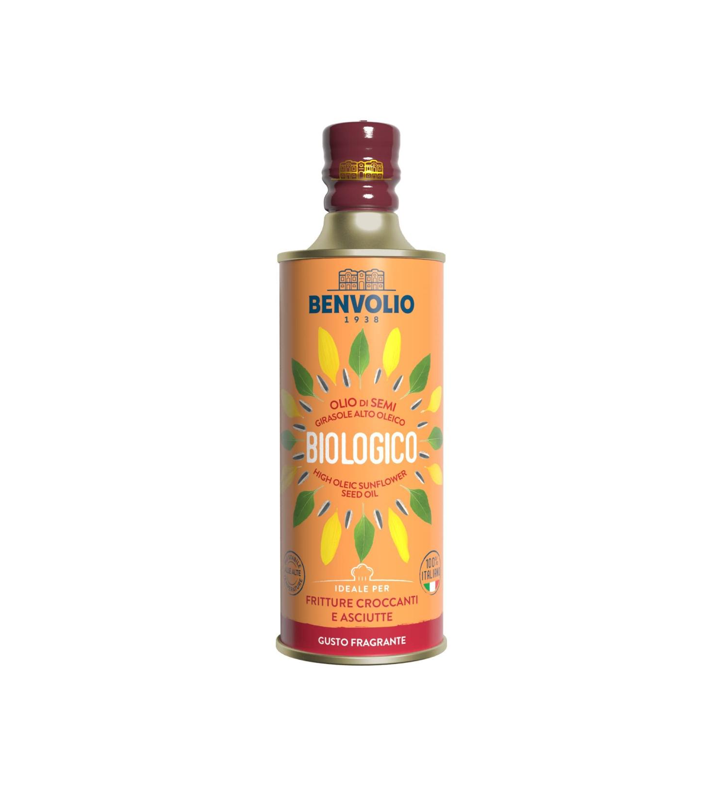 Organic High Oleic Sunflower Oil - 100% Italian - Benvolio 1938 - Rich in Vitamin E - 500ml Metal Bottle - Perfect for Frying - Premium Organic Cooking Oil - Buy Online on GoSupps.com