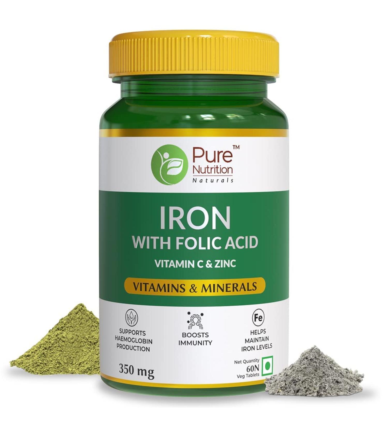 Kavir Iron with Folic Acid Zinc Vitamin C & Vitamin B12 for Support Haemoglobin Production Boost Immunity & Maintain Iron Level - 60 Veg Tablets - Buy Online on GoSupps.com