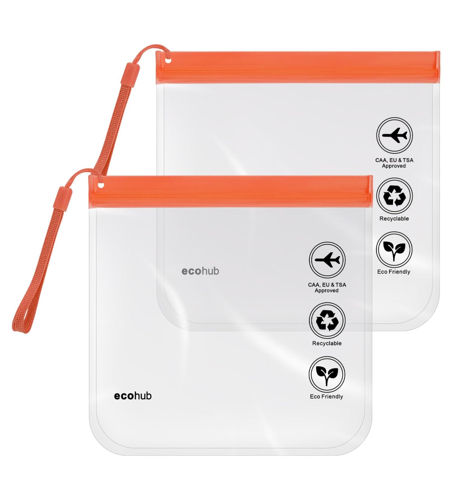 ECOHUB Airport Security Liquids Bag 20x20cm (2 pcs) - Airline Approved Clear Toiletry Bag for Travel - Orange with Carrying Handle - Buy Online on GoSupps.com