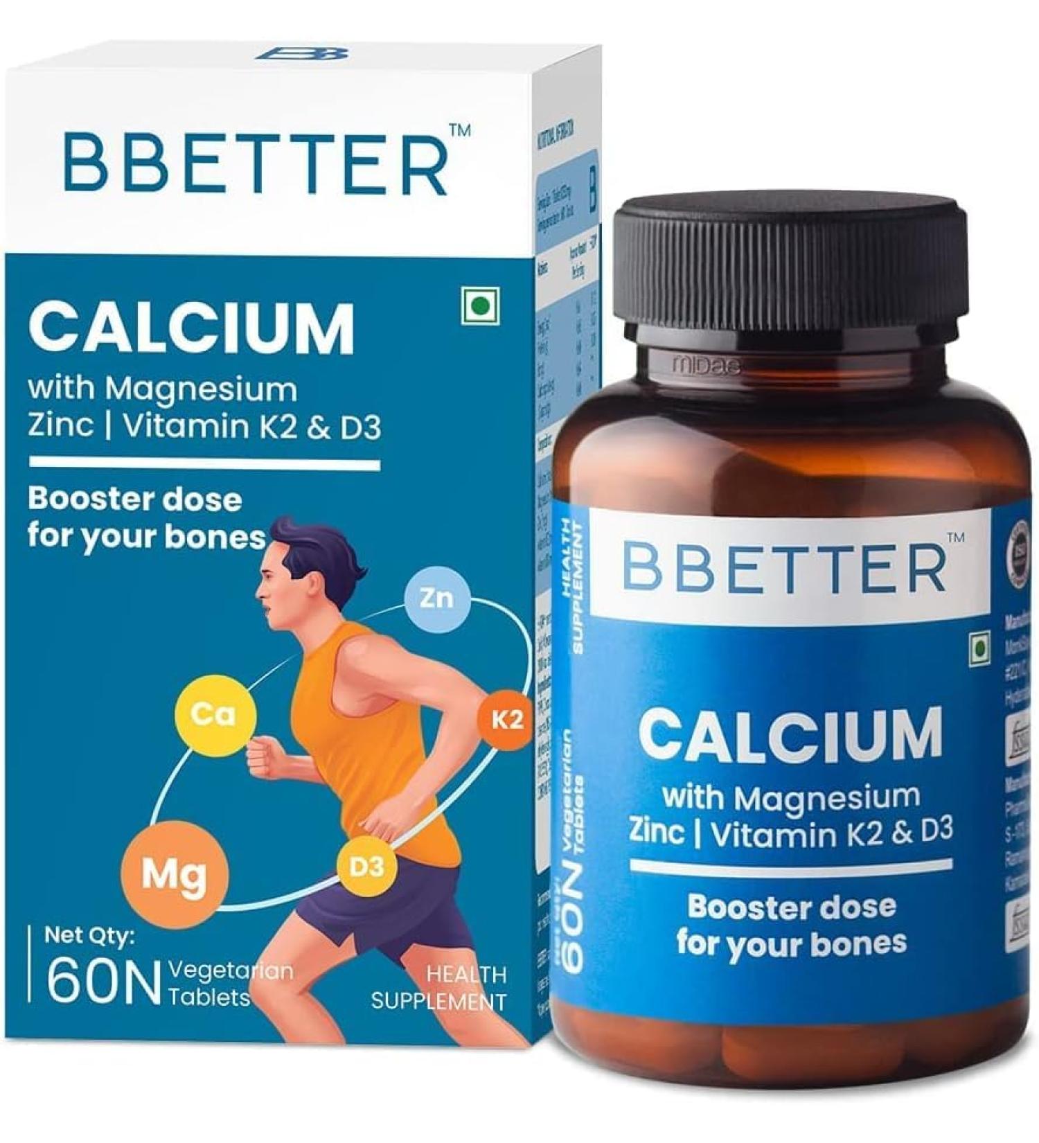 Calcium Magnesium Zinc Tablets with Vitamin D3 & K2 - 60 Vegetarian Tablets for Bone and Joint Health - Buy Online on GoSupps.com