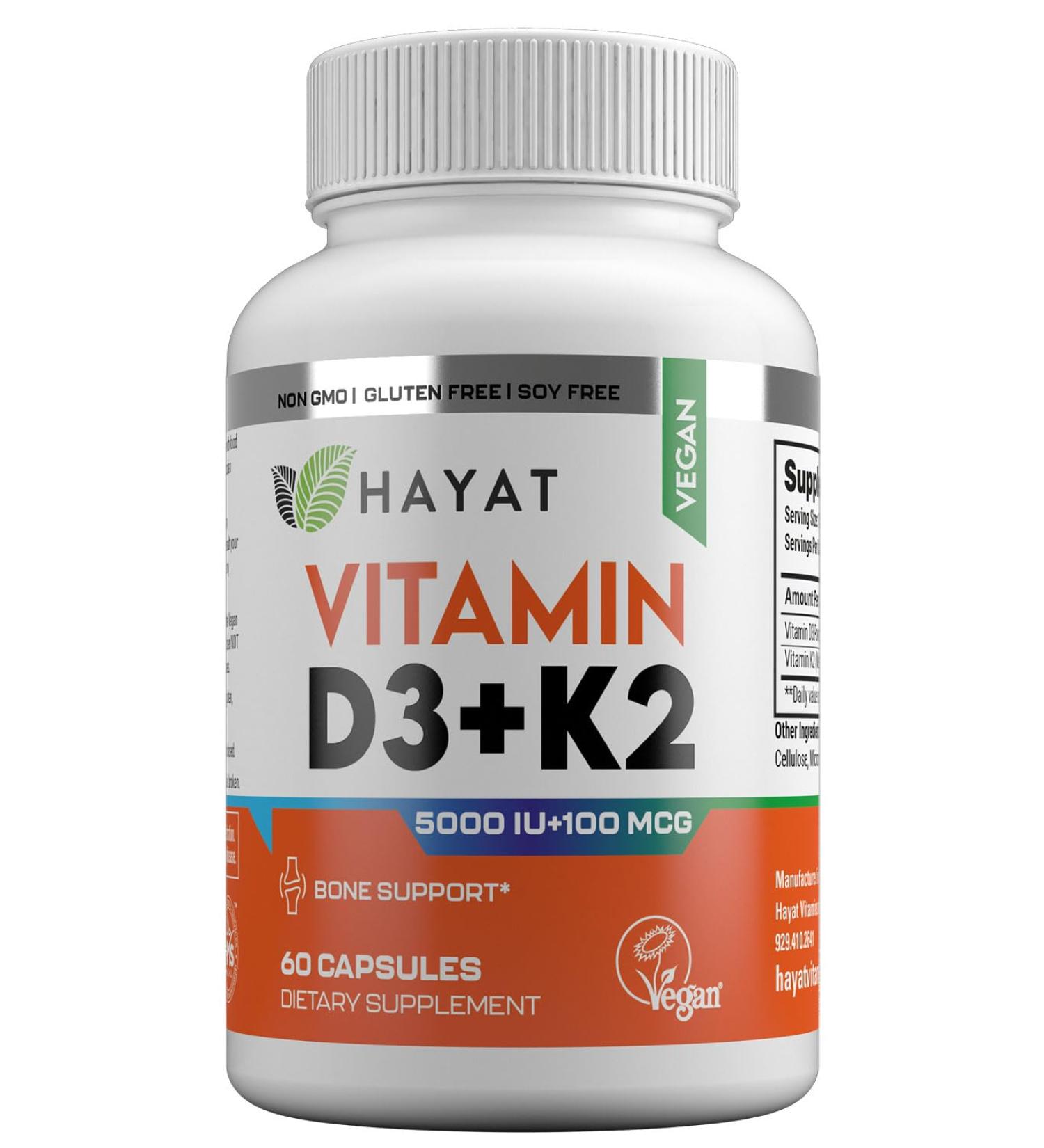 HAYAT Vitamins Vegan Vitamin D3+K2 (5000 IU + 100 MCG) Dietary Supplement for Bone Teeth Muscle and Immune Health Support 2 Month Supply Certified Halal 60 Capsules Made in The USA - Buy Online on GoSupps.com