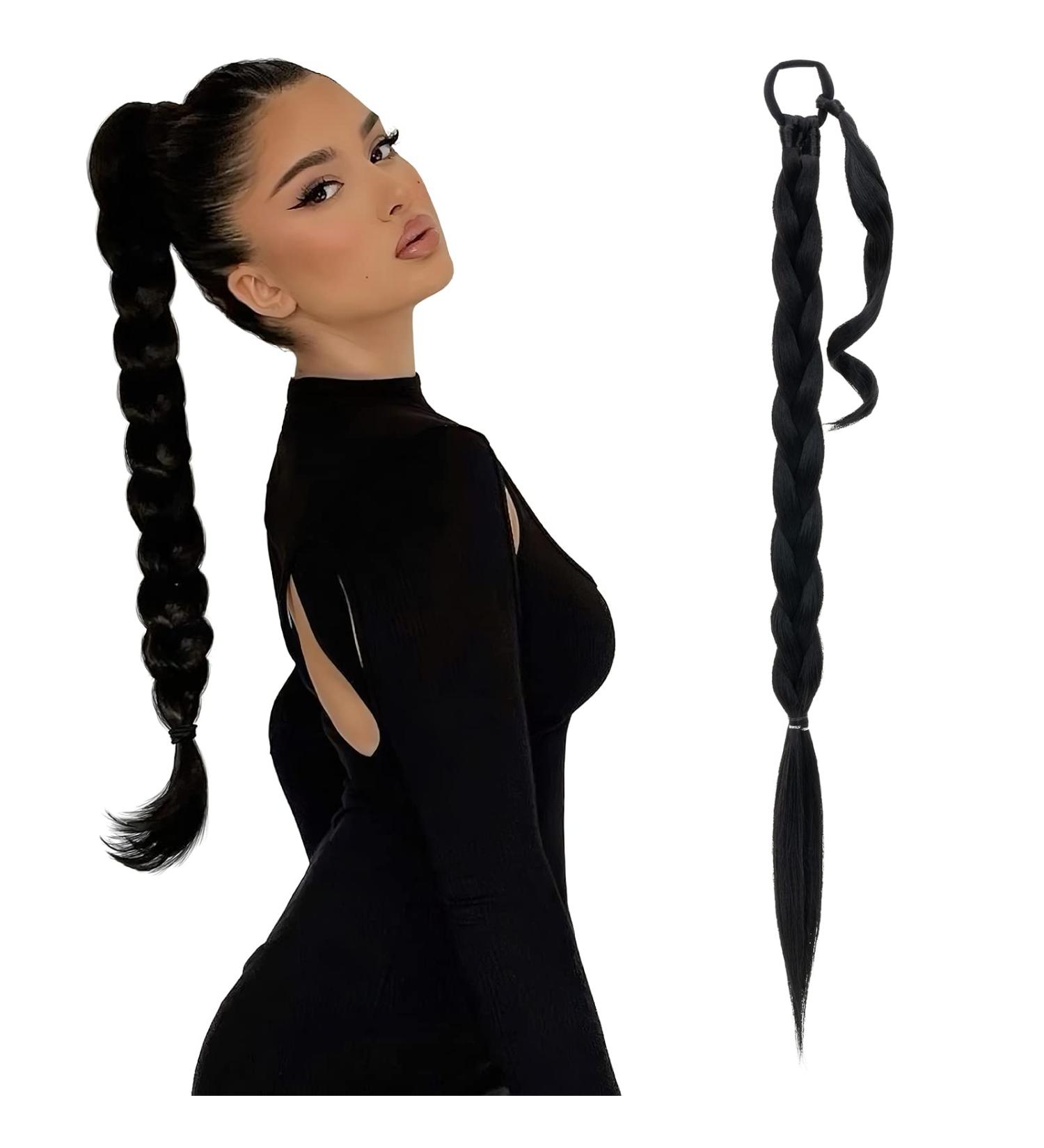 SEGO Long Braided Ponytail Extension With Elastic Hair Tie 150G Synthetic Hairpiece Straight Wrap Around Ponytail Hair Extensions - 32 Inch Black 32 Inch #1B Black - Buy Online on GoSupps.com