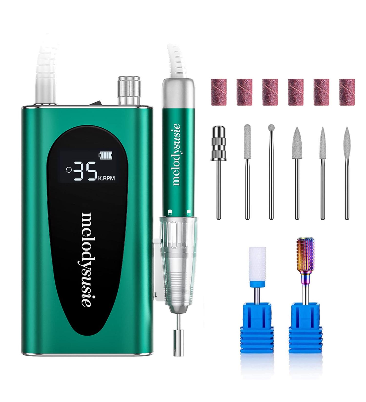MelodySusie 35000RPM Rechargeable Nail Drill | Cordless Portable Electric File for Acrylic Gel Nails | Manicure Pedicure Tool with Low Noise & Heat | Sparkle Plus (Green) - Buy Online on GoSupps.com