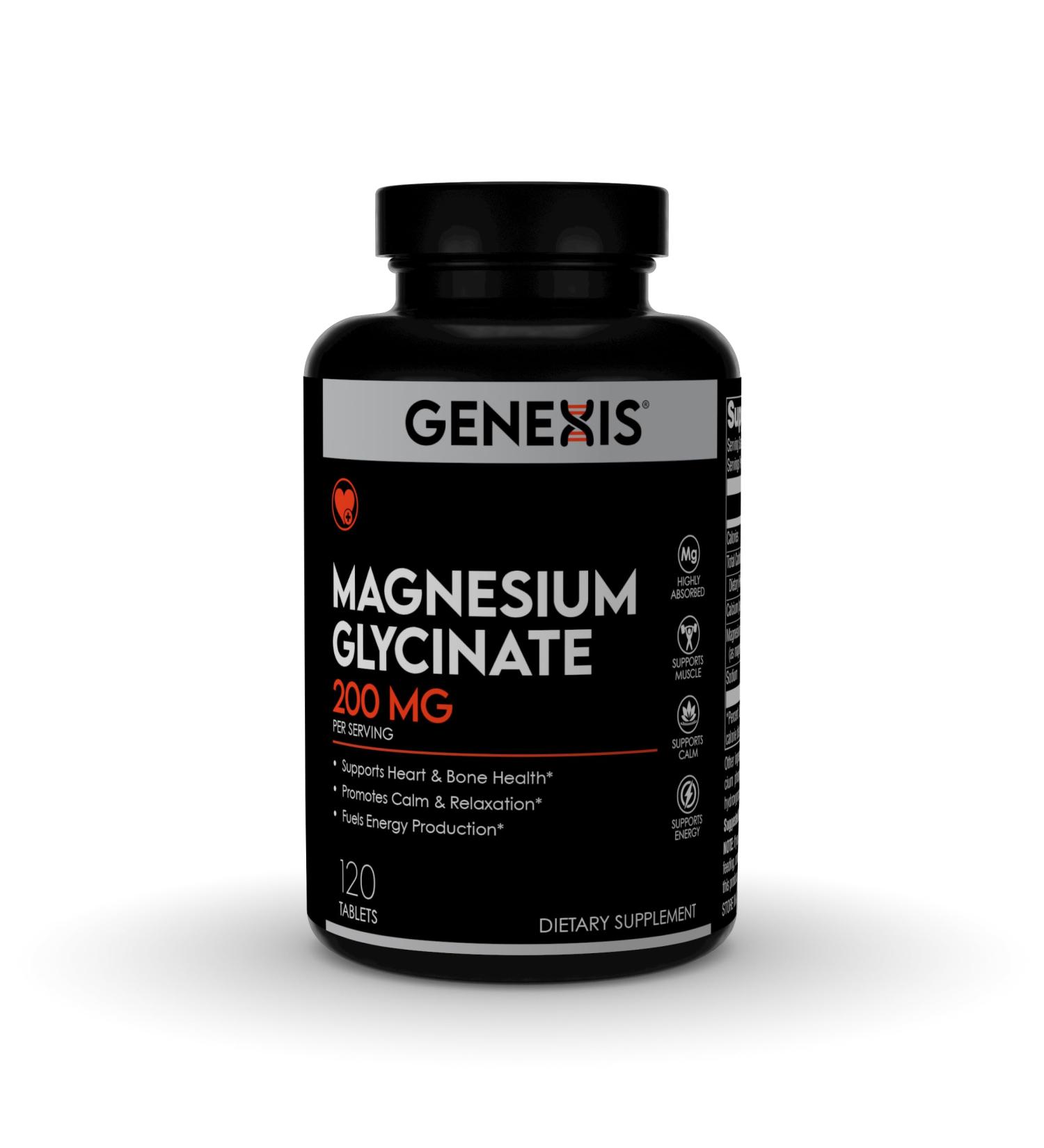 Genexis Magnesium Glycinate 200mg High Absorption Magnesium Supplement Supports Heart Bone & Muscle Health Promotes Calm & Relaxation Fuels Energy Production 120 Tablets - Buy Online on GoSupps.com