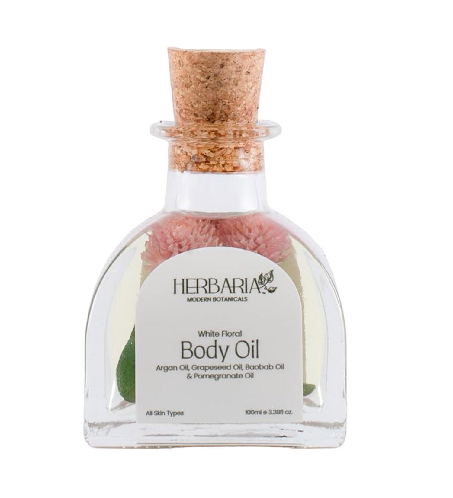 HERBARIA White Floral Body Oil 100ml | 100% Sustainable Vegan Luxury | Enriched with Grapeseed Pomegranate Avocado Argan & Baobab Oils | All Season Use - Buy Online on GoSupps.com