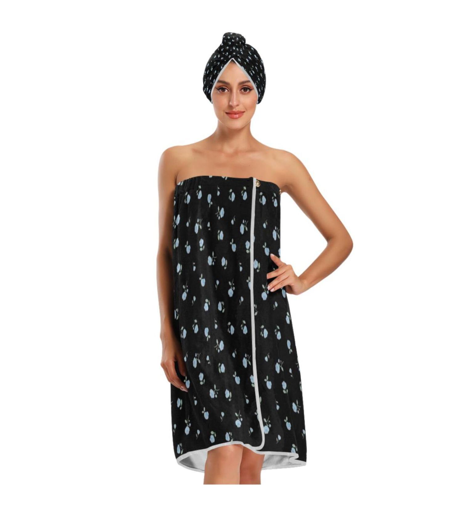 Shop Set of 3 Black Towel Wraps - Cute Flower Design Adjustable Closure Fast Dry Bathrobes for Women - International Shipping Available - Buy Online on GoSupps.com