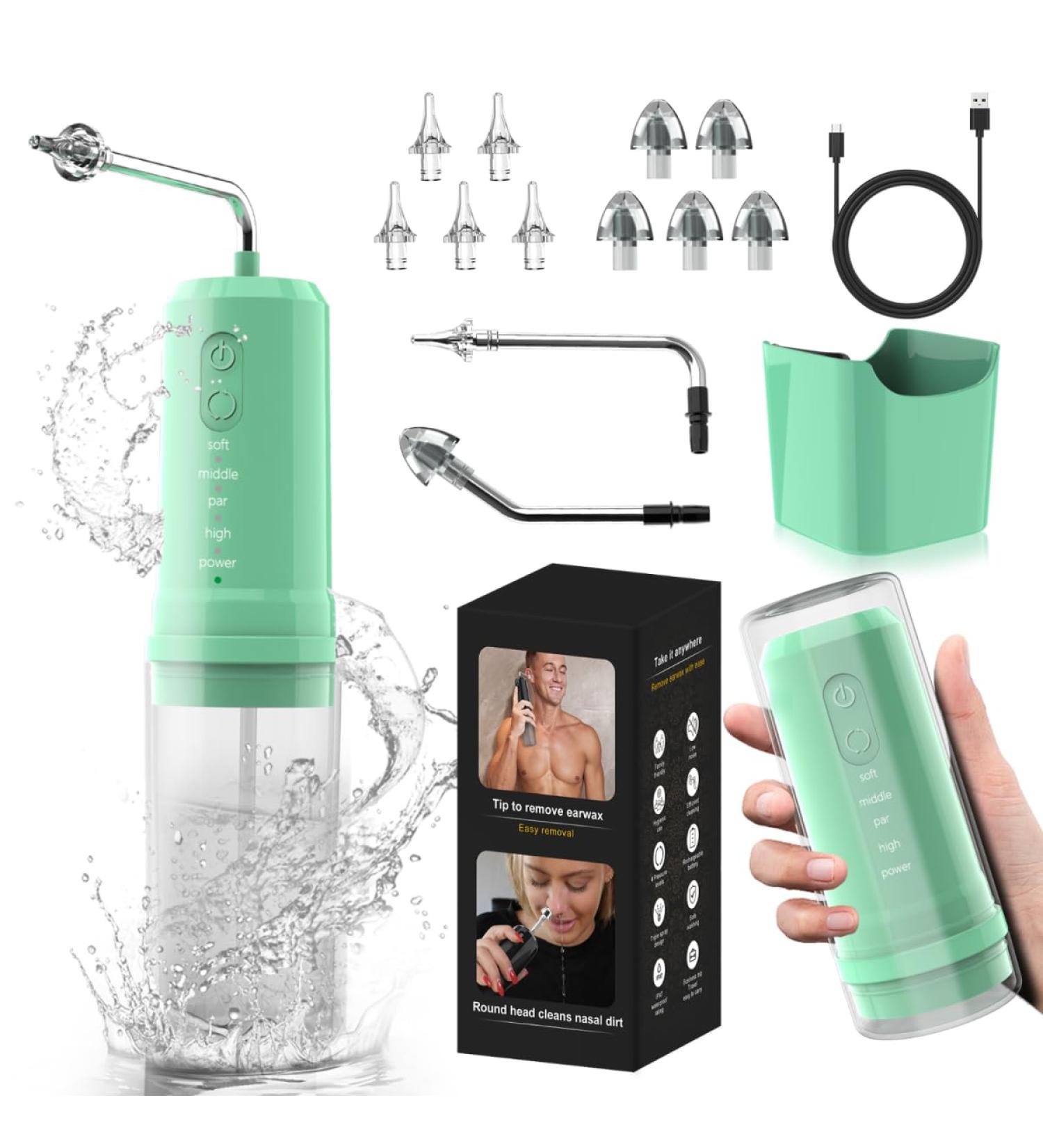 Ear Wax Removal 2 in 1 Electric Ear Cleaning Kit with 4 Pressure Modes Portable Water Powered Ear Cleaner with Basin and Nasal Nozzles Ear Irrigation Flushing System for Adults and Kids Pistachio