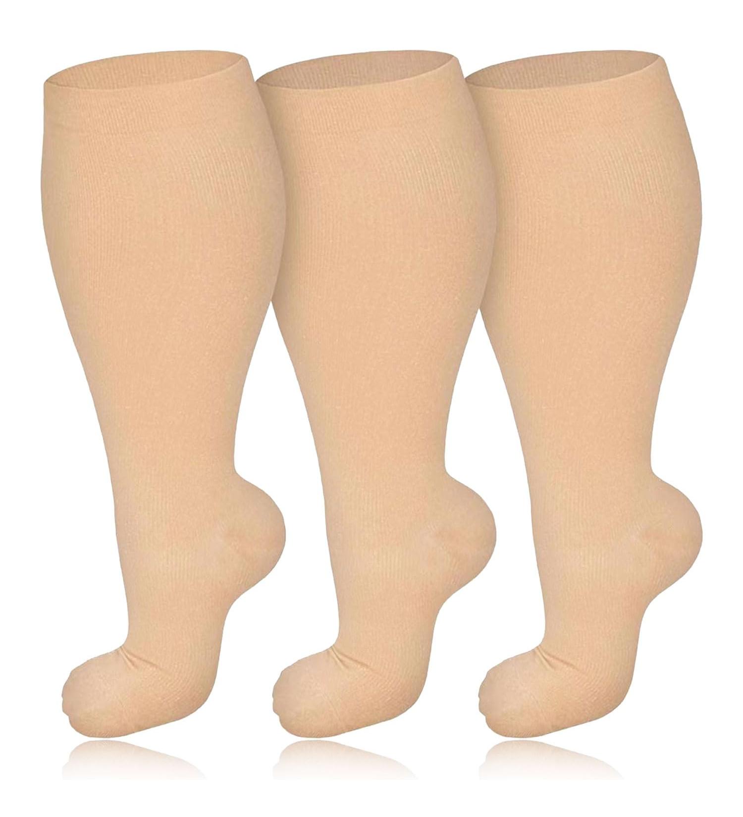 3 Pairs Plus Size Compression Socks 20-30 mmHg for Wide Calf - 3XL Nude 3PCS - Knee High Flight Socks for Women & Men - Circulation Support - Buy Online on GoSupps.com