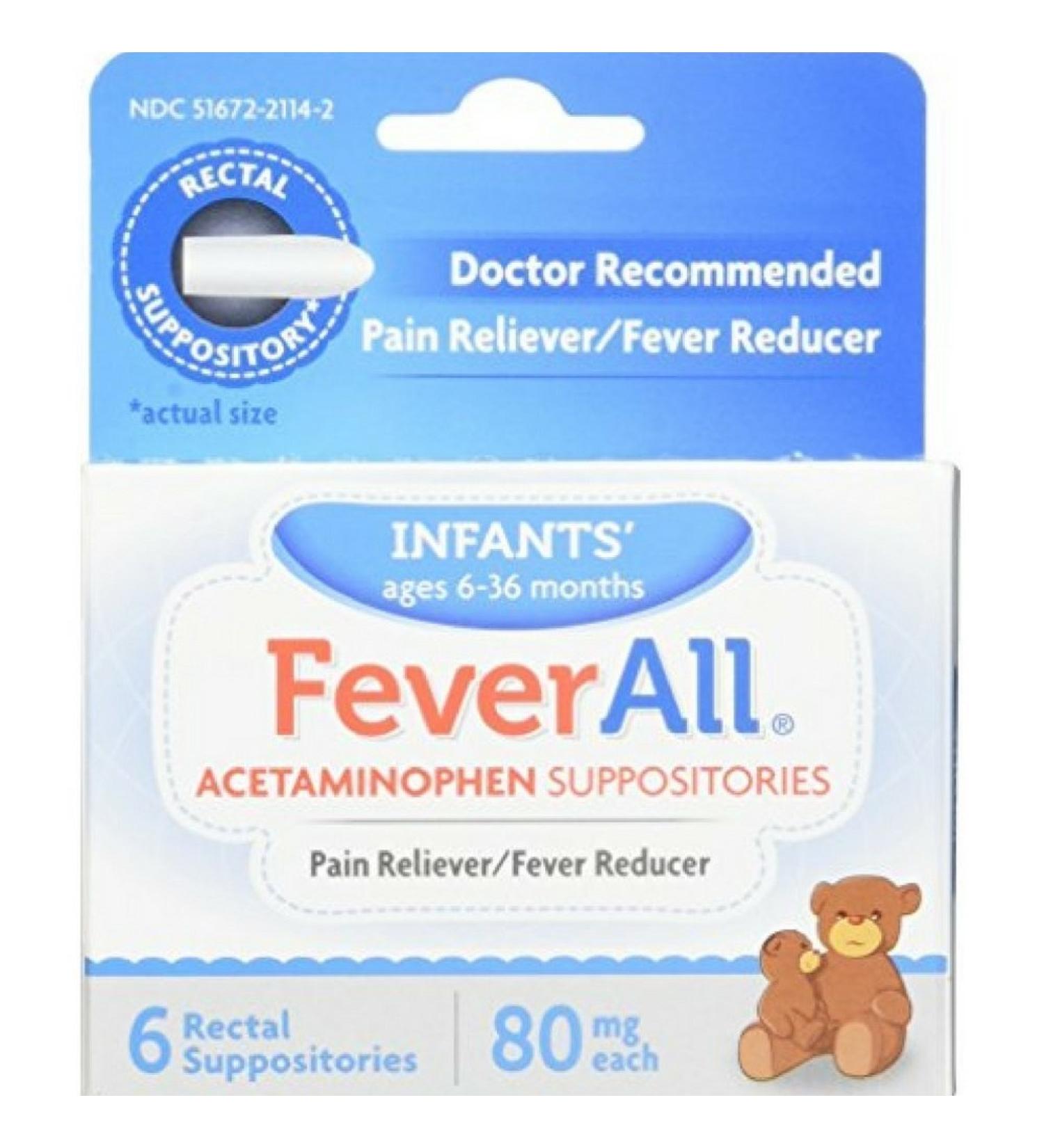 FeverAll Infants Acetaminophen Suppositories 6 Rectal Suppositories 80mg each (Pack of 3)