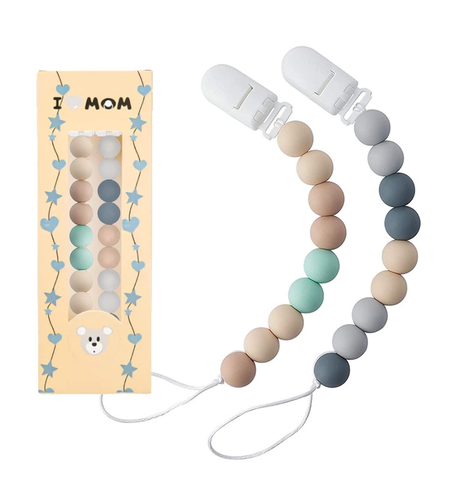 Silicone Beaded Pacifier Clip Teether Toy - Gray + Mint Green (2 Pack) - Buy Online on GoSupps.com