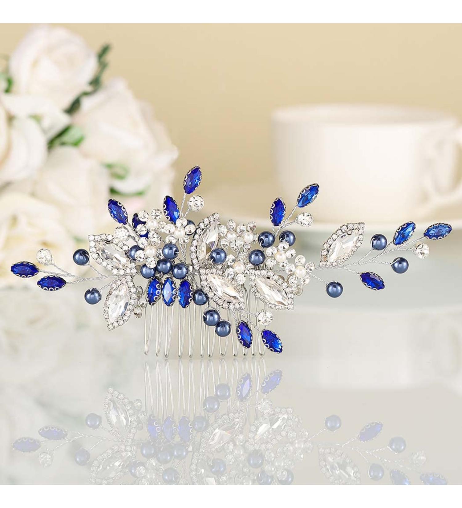 Casdre Blue Crystal Bride Wedding Hair Comb - Silver Rhinestone Bridal Hair Piece with Pearl Accents - Buy Online on GoSupps.com