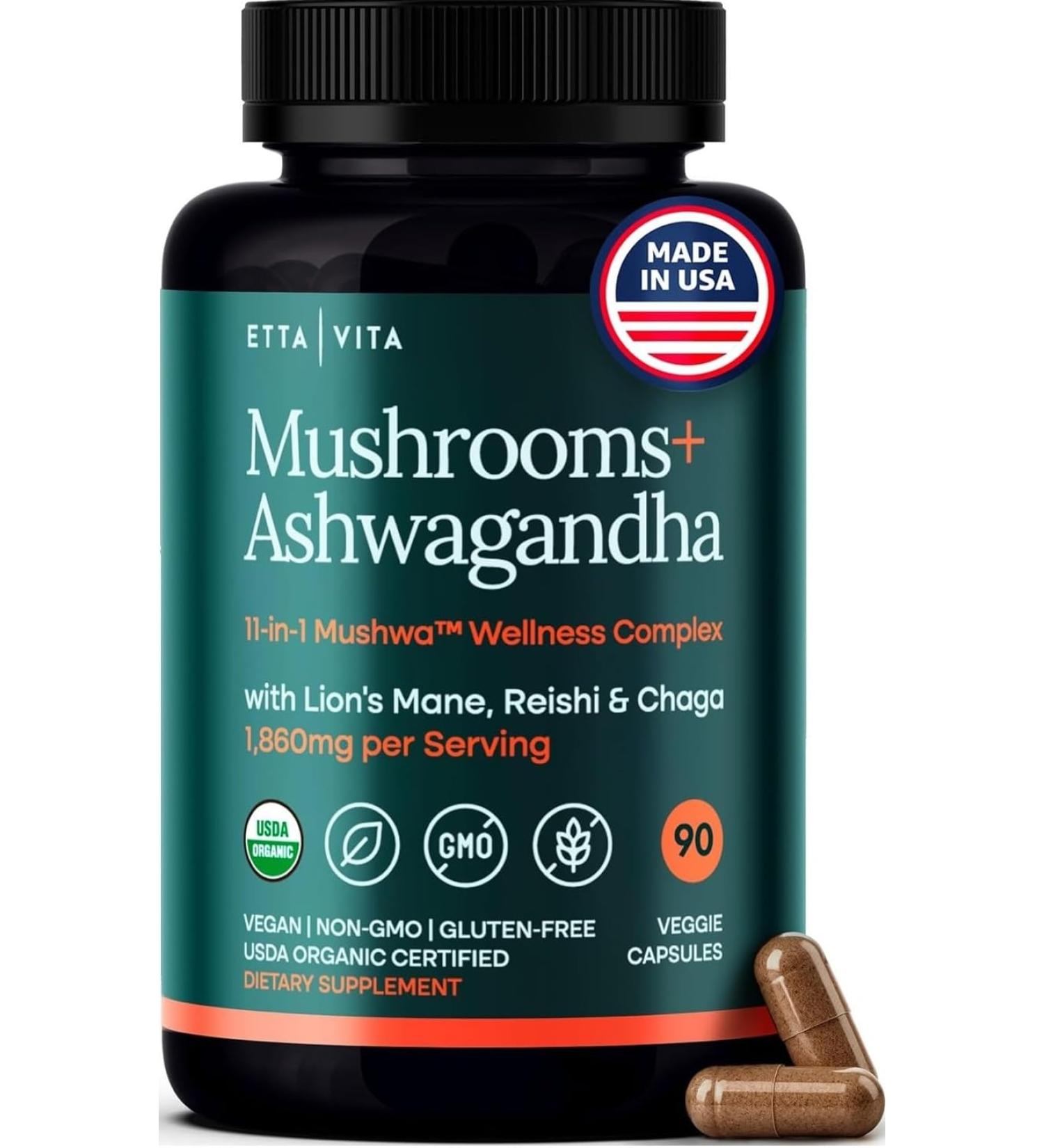 USDA Organic Lions Mane Supplement Capsules with Ashwagandha Chaga Reishi Cordyceps Turkey Tail (18 600mg/serv) 10x Adaptogenic Mushroom Complex as Focus Supplement - Energy Immunity & Nootropic - Buy Online on GoSupps.com