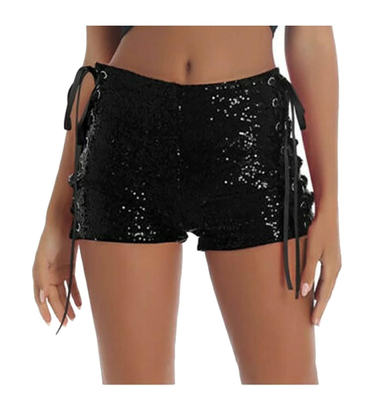 Duohropke Women's Metallic Hot Pants - High Waist Sequin Glitter Shorts for Dance Sport Disco & Carnival - S02 Black - Buy Online on GoSupps.com