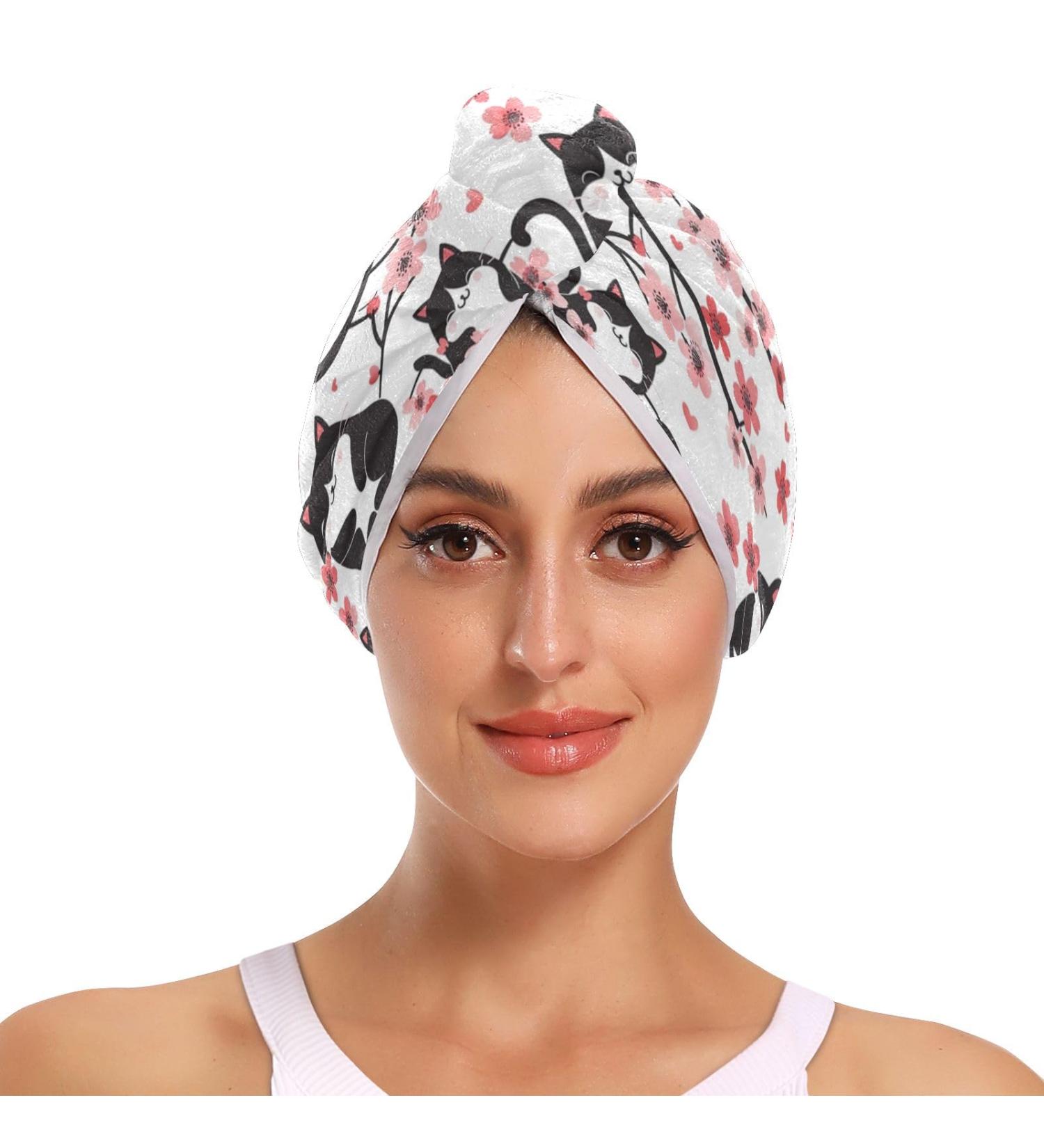 Cherry Blossom Cat Hair Towel 2 Pack | Super Absorbent Quick Dry Hair Turbans for Women & Girls | Best Hair Drying Towels - Buy Online on GoSupps.com